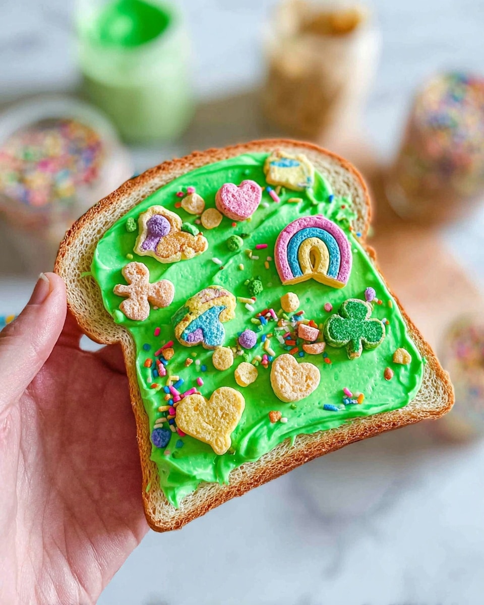 A slice of toasted bread held by a woman's hand is topped with a thick layer of bright green frosting spread unevenly across the surface. On top of the green base are colorful cereal pieces shaped like rainbows, hearts, and lucky charms such as four-leaf clovers, along with small round and rod-shaped sprinkles scattered around. The bread’s crust is light brown with a soft beige interior. The background shows blurred jars of frosting and cereal on a white marbled surface. Photo taken with an iphone --ar 4:5 --v 7
