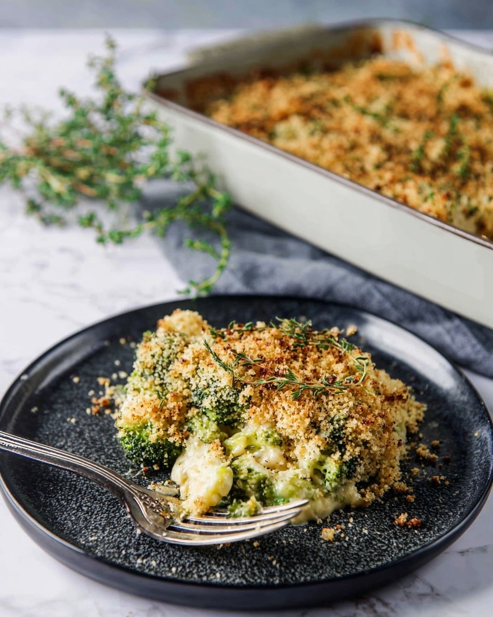 A serving of baked broccoli casserole sits on a round black plate, showing a textured top layer of golden, crispy breadcrumbs mixed with herbs. Beneath the topping, bright green broccoli florets peek through a creamy mixture, giving the dish a mix of green and light yellow colors. A metal fork rests on the plate next to the casserole portion. In the background, there is a rectangular casserole dish with the same broccoli bake, topped evenly with browned crumbs and sprinkled herbs, placed on a white marbled surface with a small branch of fresh thyme nearby. Photo taken with an iphone --ar 4:5 --v 7