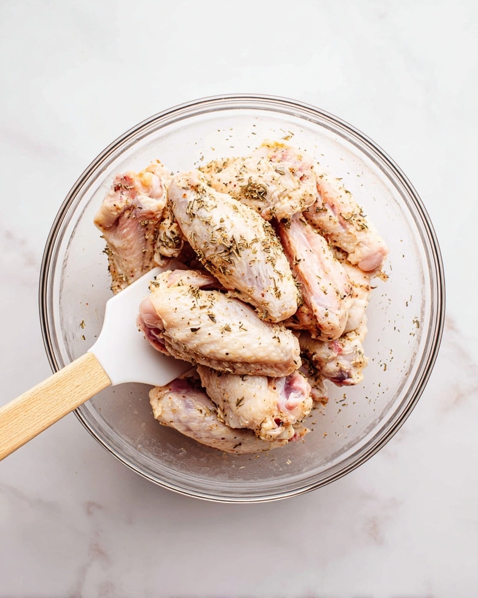 A clear glass bowl filled with several raw chicken wings seasoned with a mix of black pepper and herbs, showing light pink and pale skin tones with some speckled darker spots from the seasoning. A white spatula with a wooden handle is resting inside the bowl, partially under the wings, and the whole setup is placed on a white marbled surface. The texture of the chicken skin is slightly bumpy and moist, with the wings layered unevenly in the bowl, some overlapping each other. Photo taken with an iphone --ar 4:5 --v 7