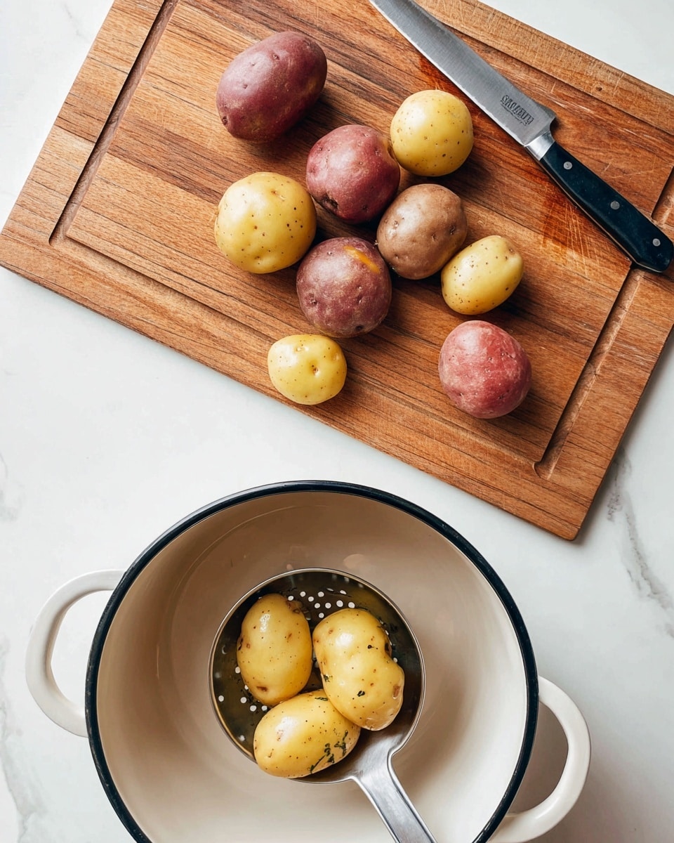 The image shows a wooden cutting board on a white marbled surface, with seven small potatoes of yellow and reddish-brown colors resting on it. A large silver knife with a black handle lies near the potatoes on the cutting board. Below, a white pot with a black rim holds more small yellow and reddish-brown potatoes, with a silver slotted spoon lifting three potatoes inside the pot. The textures are smooth with the potatoes showing natural spots and the wood grain of the cutting board visible. photo taken with an iphone --ar 4:5 --v 7