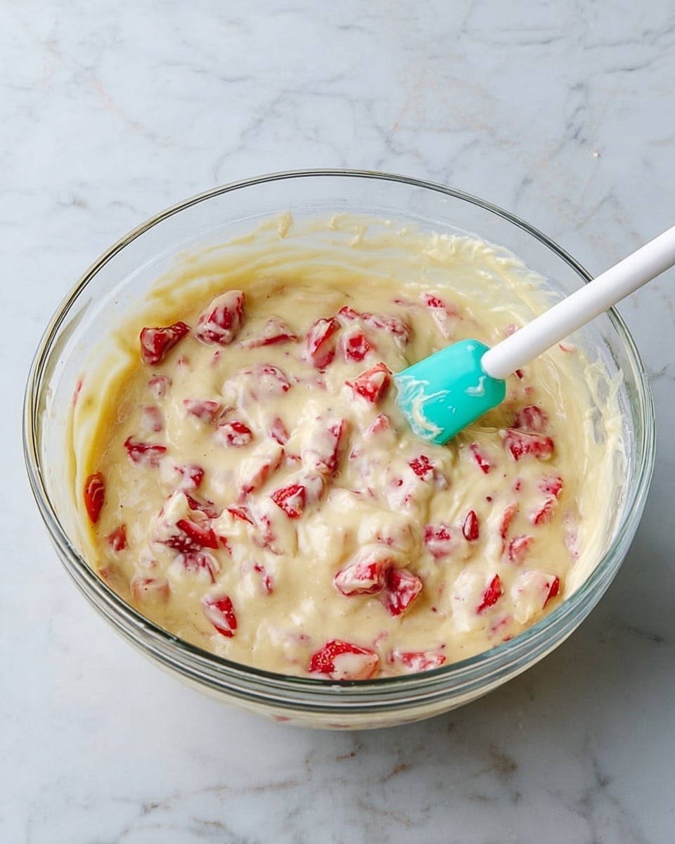 A clear glass bowl filled with a creamy light yellow batter mixed with bright red strawberry pieces spread evenly throughout. A turquoise spatula with a white tip is partially submerged in the batter on the right side of the bowl. The bowl sits on a white marbled surface with soft light highlighting the smooth texture of the batter and the shiny parts of the bowl. Photo taken with an iphone --ar 4:5 --v 7