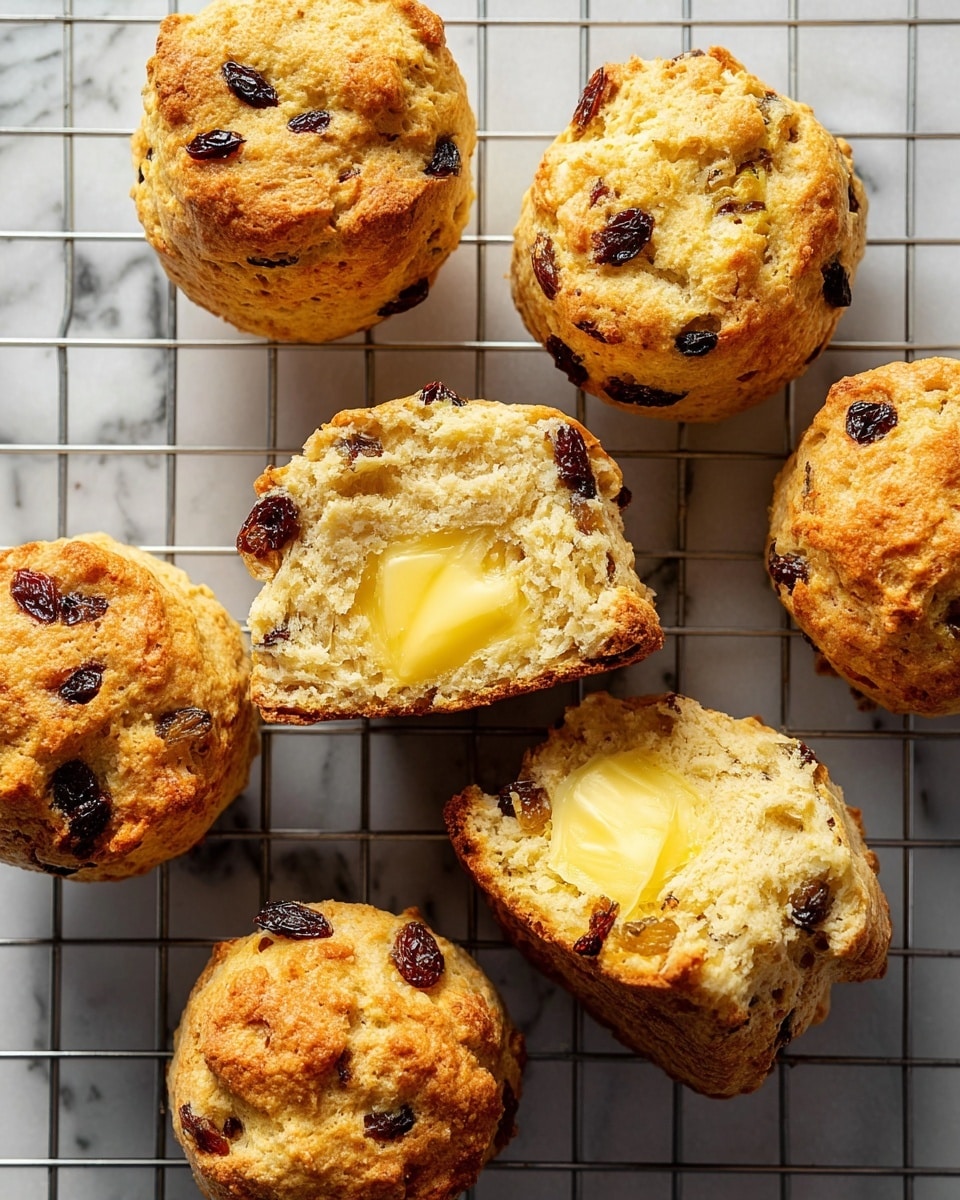 A stack of three golden brown muffins sits on a white plate with a white marbled texture beneath. The bottom two muffins are whole with a slightly rough, bumpy outer texture showing a baked crust with darker brown edges. The top muffin is broken in half, held by a woman's hand, revealing a soft, light beige inside with a crumbly texture and dark raisins embedded within. The muffins have an inviting, warm look with an uneven, rustic top. Photo taken with an iphone --ar 4:5 --v 7
