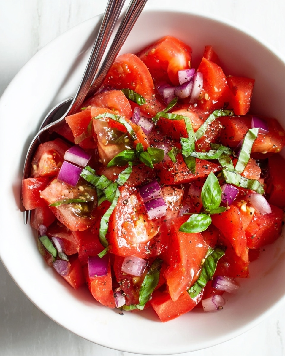 A white bowl filled with bright red tomato chunks as the main layer, mixed with small pieces of purple onion scattered throughout, and fresh green basil leaves placed on top and mixed in. Two silver spoons rest inside the bowl on the left side. Next to the bowl is a small white bowl containing a dark dressing with visible herbs and seeds, placed on a white marbled surface. A black and white striped cloth is seen at the bottom right corner. photo taken with an iphone --ar 4:5 --v 7