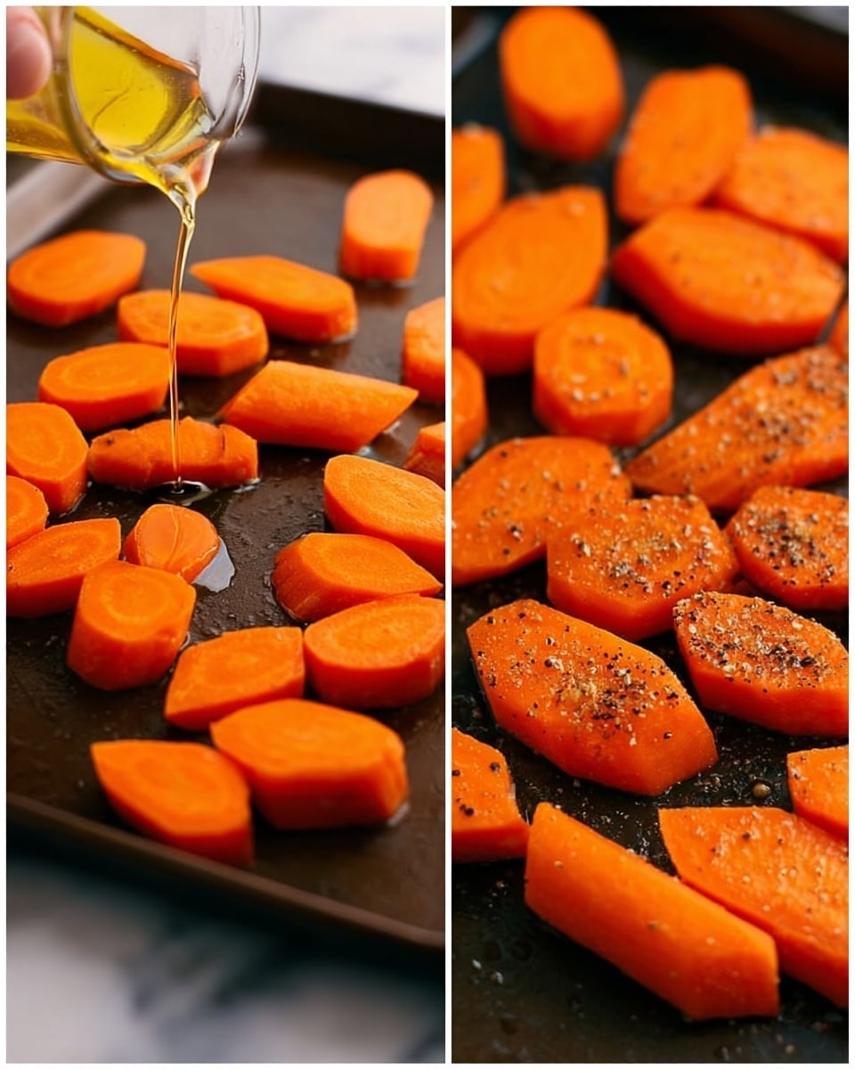 The image shows two close-up views of several thick, bright orange carrot slices placed on a dark tray. In the left part of the image, a woman's hand is pouring a golden liquid, likely oil, over the carrot slices, which have a smooth texture and rounded edges. In the right part of the image, the carrot slices are evenly spread and sprinkled with small black pepper flakes, adding a speckled texture on top. The background is a white marbled surface. photo taken with an iphone --ar 4:5 --v 7