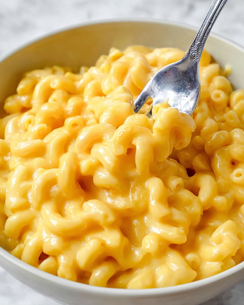The image shows a close-up of creamy macaroni and cheese in a white bowl. The dish has one layer of curved elbow pasta covered in a thick, smooth, bright yellow cheese sauce that looks soft and shiny. A fork is scooping some macaroni, with the fork’s silver prongs partly under the pasta. The background is a white marbled texture. photo taken with an iphone --ar 4:5 --v 7