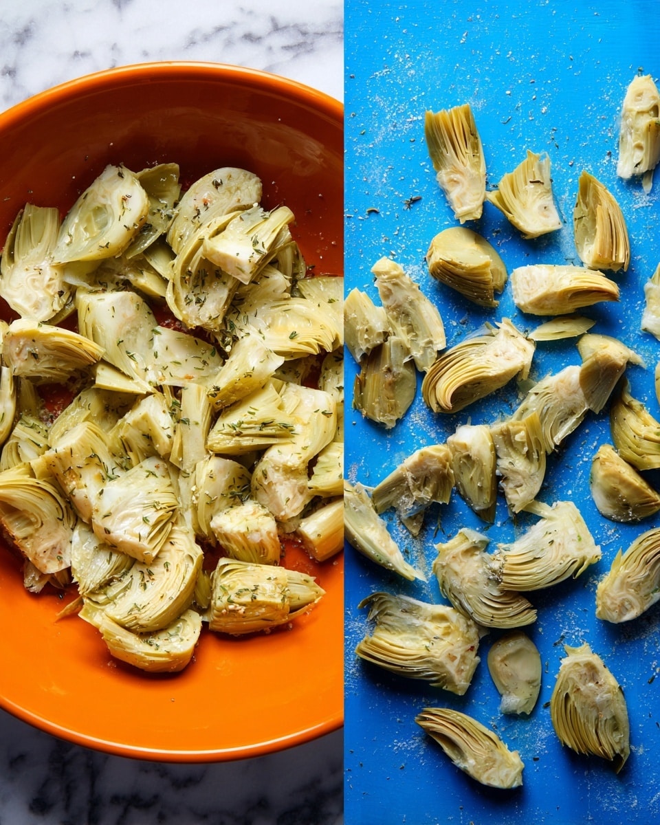 The image shows two sections: on the left, an orange bowl filled with pale yellow, soft artichoke pieces with visible layered textures, some pieces have a slight shine and small herbs sprinkled on top; on the right, many similar artichoke pieces are spread out on a bright blue surface, each piece showing natural layers and a light coating of herbs. Both sides highlight the artichoke pieces' creamy color and fibrous texture. The background is a white marbled texture. photo taken with an iphone --ar 4:5 --v 7