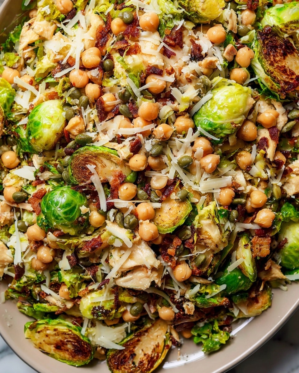 A close-up view of a colorful salad in a white plate, filled with several layers: the bottom layer is chopped green Brussels sprouts, scattered chickpeas, and small pieces of cooked chicken, followed by a mix of sliced almonds and capers strewn on top, with more layers of roasted Brussels sprouts that have a golden-brown char. The salad is finished with light shreds of cheese and finely chopped shallots, all placed on a white marbled surface. photo taken with an iphone --ar 4:5 --v 7