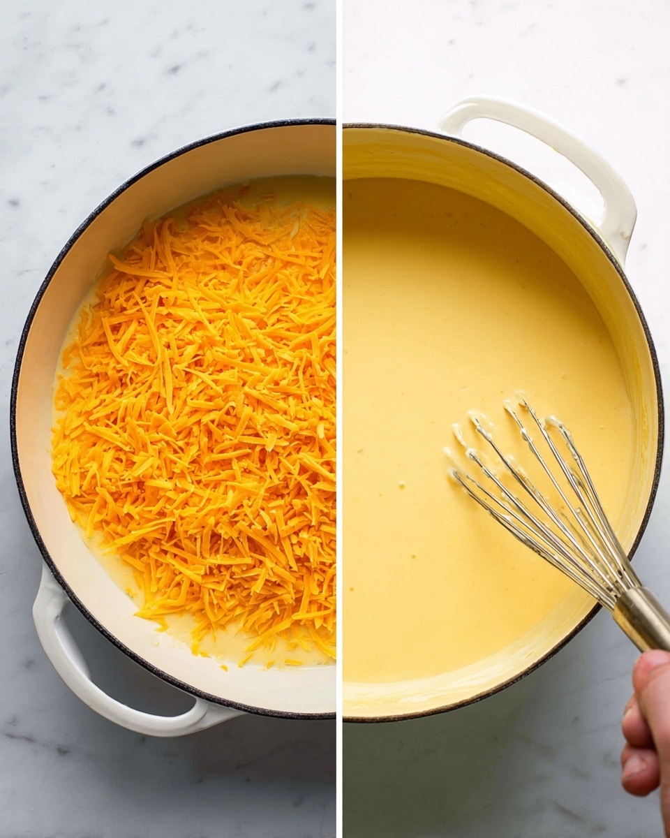 Two side-by-side images show the process of making a cheese sauce in a round white pot with a black rim on a white marbled surface. The left image shows a layer of shredded bright orange cheddar cheese piled over a smooth, creamy off-white base inside the pot. The right image shows the same pot filled with a thick, smooth, light yellow cheese sauce, with a metal whisk stirring it from the right side, held by a woman's hand. The lighting is bright and even. photo taken with an iphone --ar 4:5 --v 7