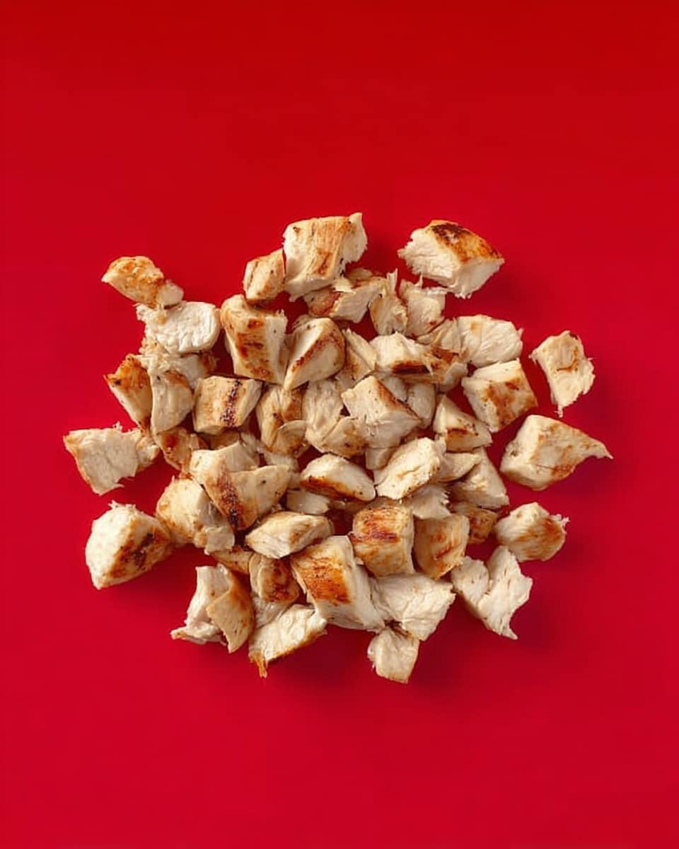 The image shows small pieces of cooked chicken with a light brown outside and white inside, spread in a loose pile against a red background. The chicken pieces have a slightly uneven shape and vary in size, showing some grilled marks and a soft texture. The background is smooth and solid red, with no other objects present. photo taken with an iphone --ar 4:5 --v 7