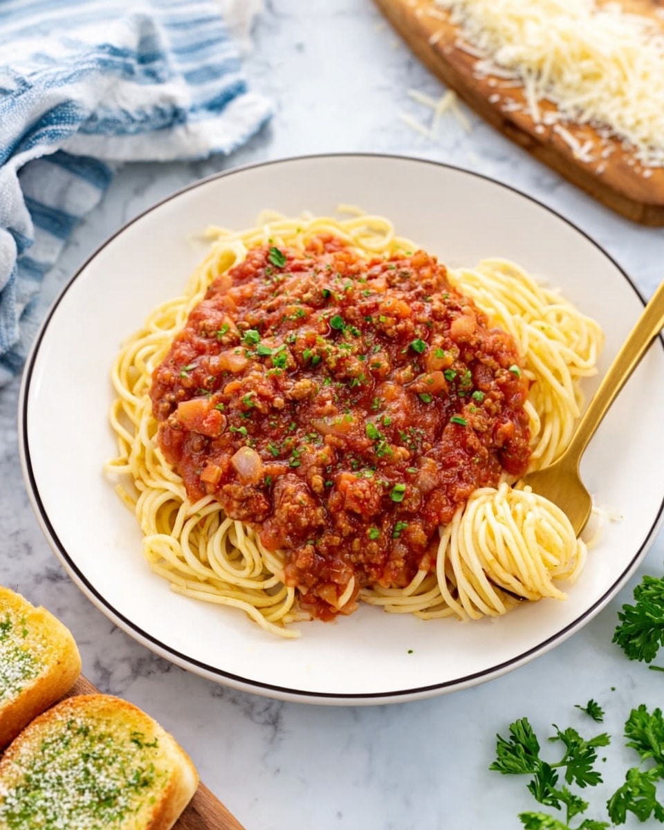 A white plate with a thin black rim is filled with a mound of spaghetti noodles at the bottom, light yellow in color and slightly shiny. On top, there is a thick layer of chunky red tomato sauce with visible pieces of ground meat and small bits of onion. The sauce covers most of the noodles but leaves some noodles visible around the edges. Fresh chopped green herbs are sprinkled on top, adding a touch of color. A gold fork is placed on the plate, twirling some noodles. Around the plate, on a white marbled surface, there is a cutting board with grated cheese and two pieces of garlic bread with green herb butter. A blue and white striped cloth napkin and some fresh green herbs are in the background. Photo taken with an iphone --ar 4:5 --v 7