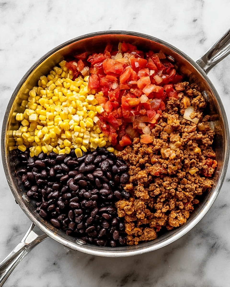 A stainless steel pan on a white marbled surface holds four main layers of ingredients neatly arranged in a circle and not mixed yet. One quarter shows bright yellow corn kernels, another quarter has finely chopped red tomatoes with a juicy texture, the next quarter consists of shiny black beans piled up, and the last section is filled with seasoned cooked ground meat mixed with small pieces of onion, all visible in distinct areas within the pan. The photo taken with an iphone --ar 4:5 --v 7