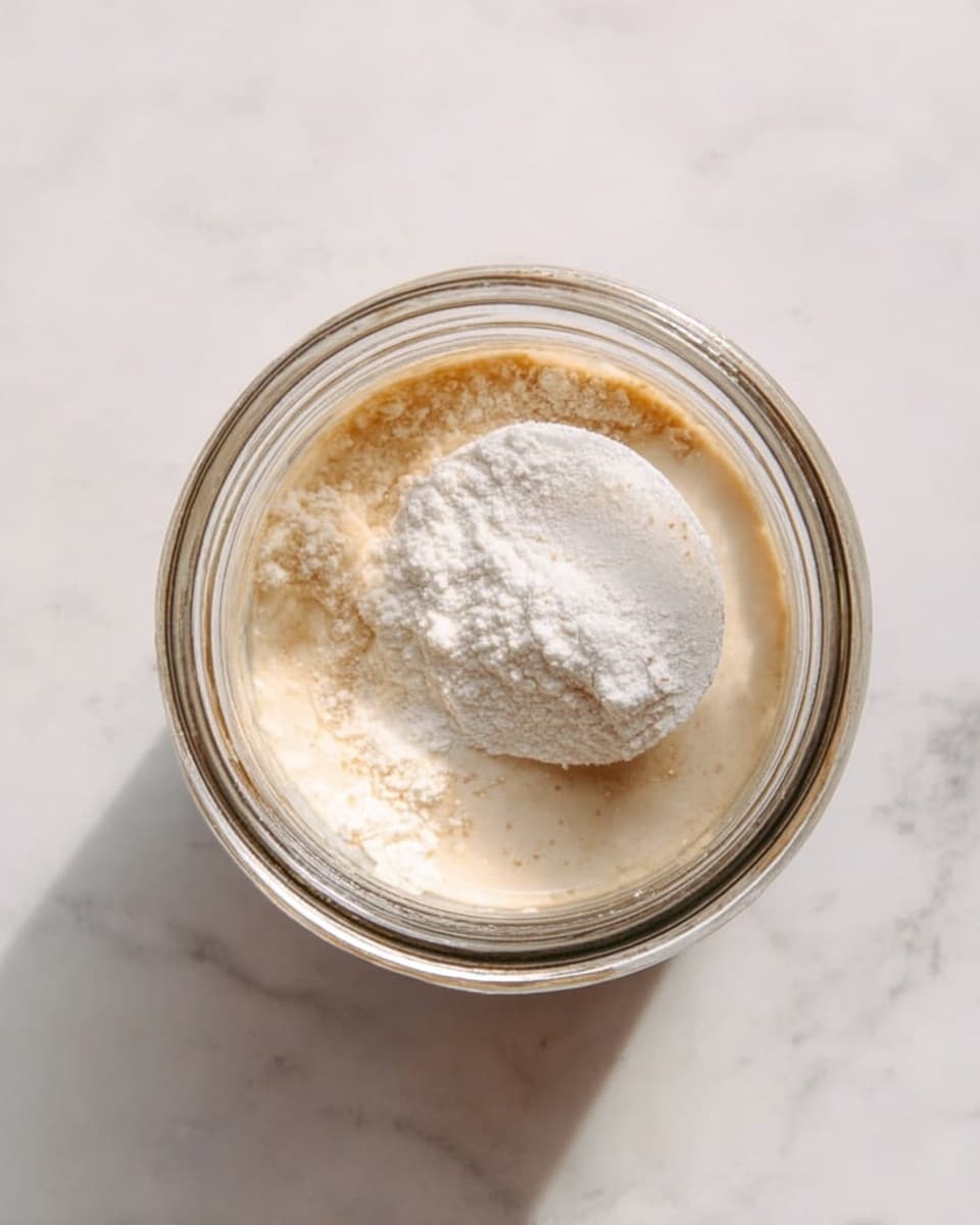 A top view of a glass jar on a white marbled surface filled partway with a light beige liquid with a powdery white scoop of substance resting on top, slightly sinking into the liquid. The jar's transparent glass shows the mix inside clearly. The lighting is bright and natural, emphasizing the texture of the powder and the smooth surface of the liquid. photo taken with an iphone --ar 4:5 --v 7