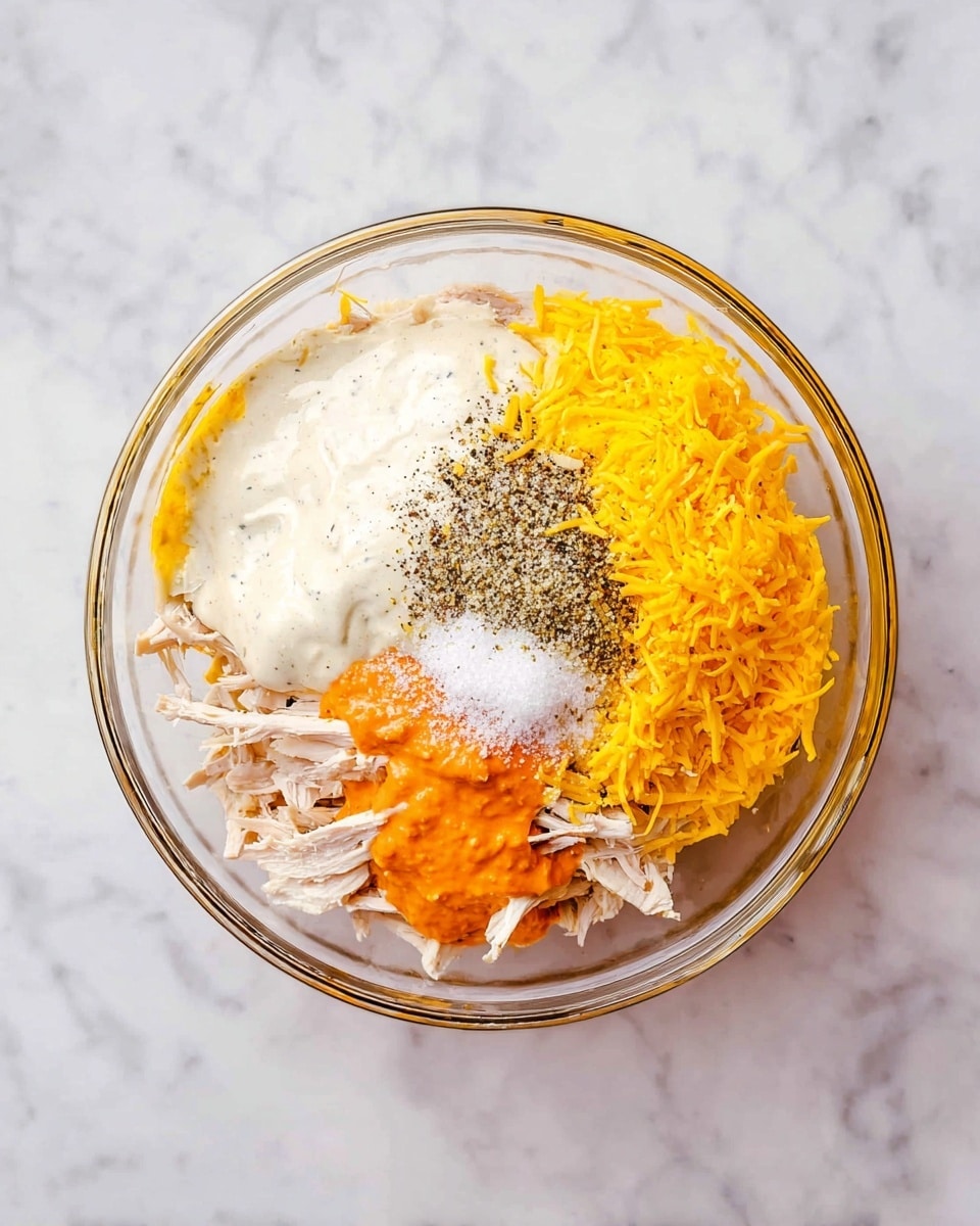 A clear glass bowl sits on a white marbled surface, filled with layers of food before mixing. The bottom layer shows shredded light beige chicken scattered around the edges. On top of the chicken, there is a bright yellow shredded cheese piled mostly on one side. Next to the cheese, on the right side, is a vivid orange sauce that looks thick and smooth. Over the cheese and chicken on the left side is a generous layer of creamy white sauce sprinkled with ground black pepper and a small pile of white granules that might be salt. The colors and textures are clear and fresh, ready to be combined. Photo taken with an iphone --ar 4:5 --v 7