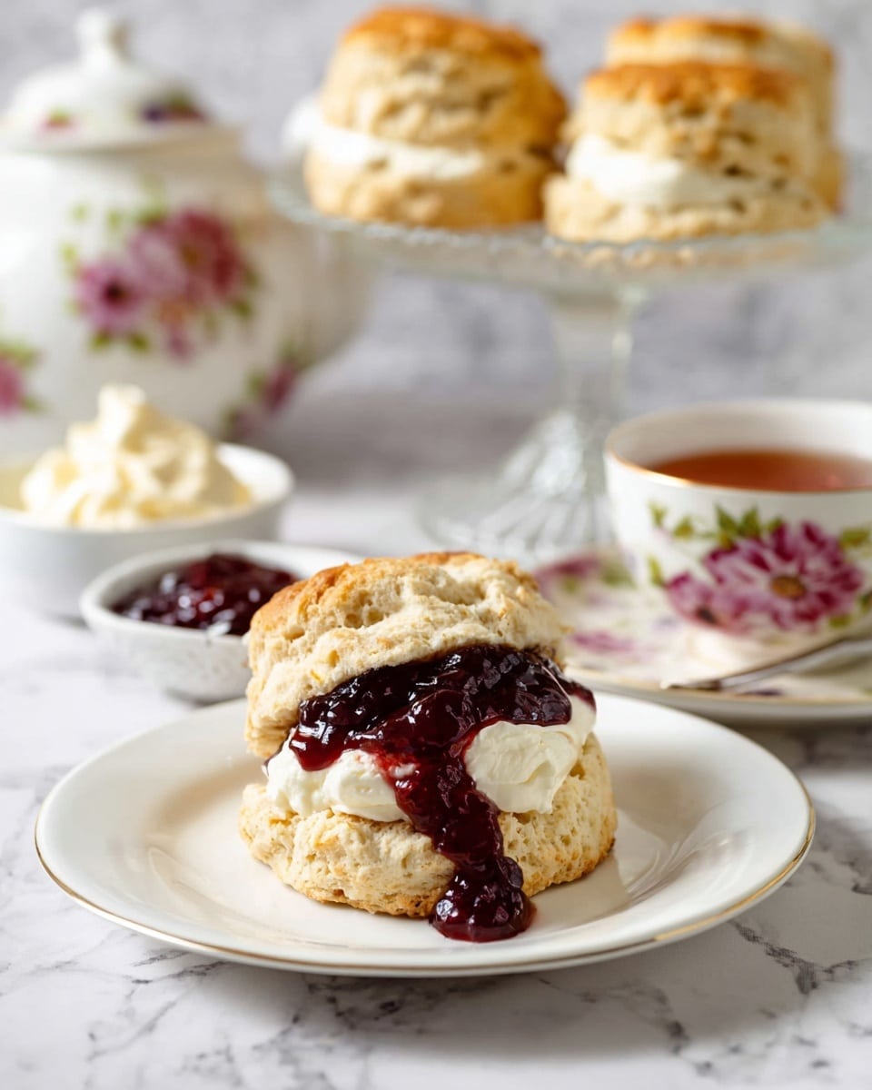 A white plate on a white marbled surface holds one scone open with three layers visible: the bottom scone layer is golden brown and crumbly, topped with a thick white cream layer, and finished with a generous dollop of dark reddish-purple jam that drips down the side. In the background, two more scones sit on a clear glass cake stand, and to the left, a white small bowl with light cream and another with red jam can be seen. There is a white floral teapot and a matching white floral teacup filled with tea on a white marbled background. photo taken with an iphone --ar 4:5 --v 7