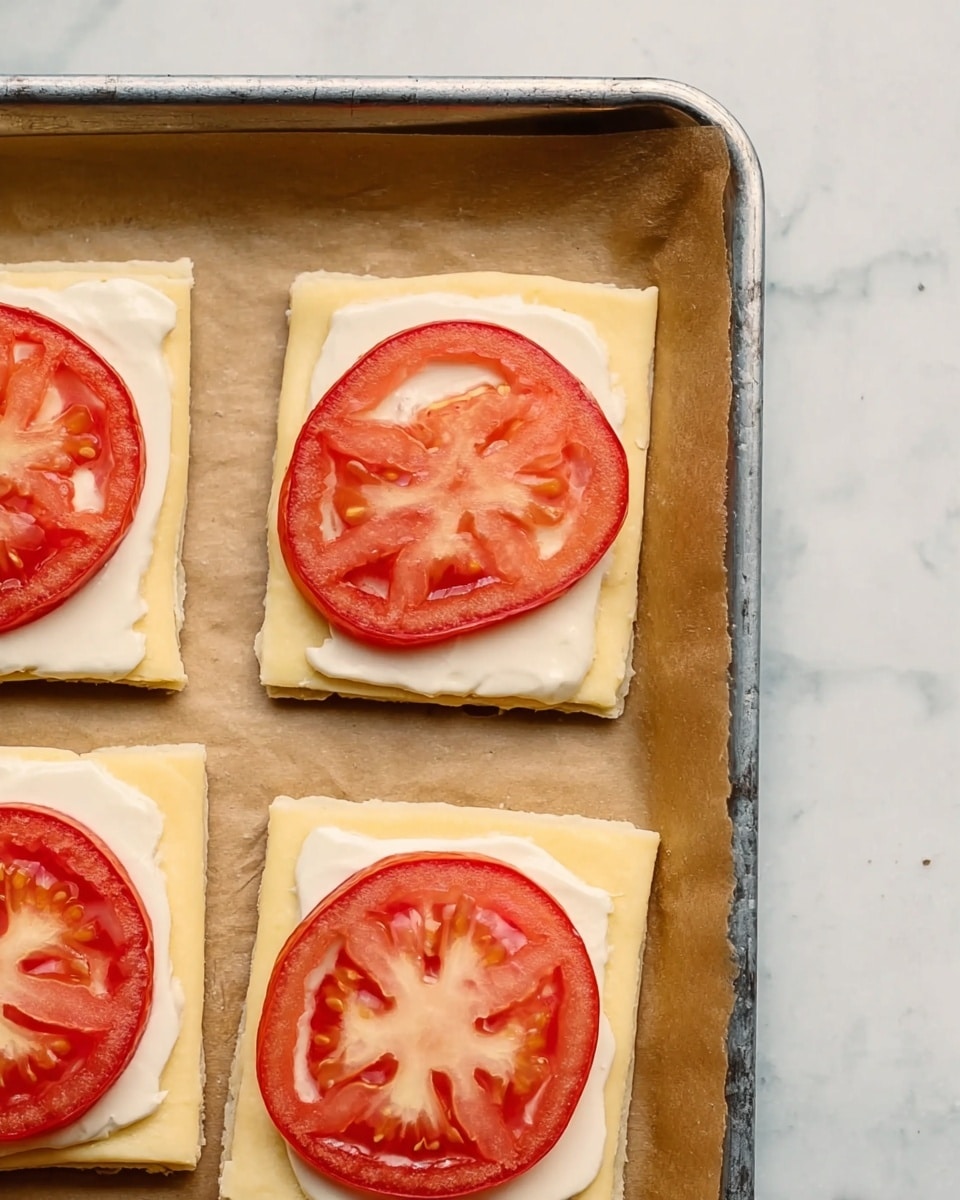 The image shows several rectangular pieces of pale yellow dough placed on brown parchment paper in a baking tray. Each piece has a small spread of white creamy sauce in the bottom center, and on top of the sauce, there are two bright red tomato slices with visible seeds and flesh texture. The tray is set on a white marbled surface. photo taken with an iphone --ar 4:5 --v 7