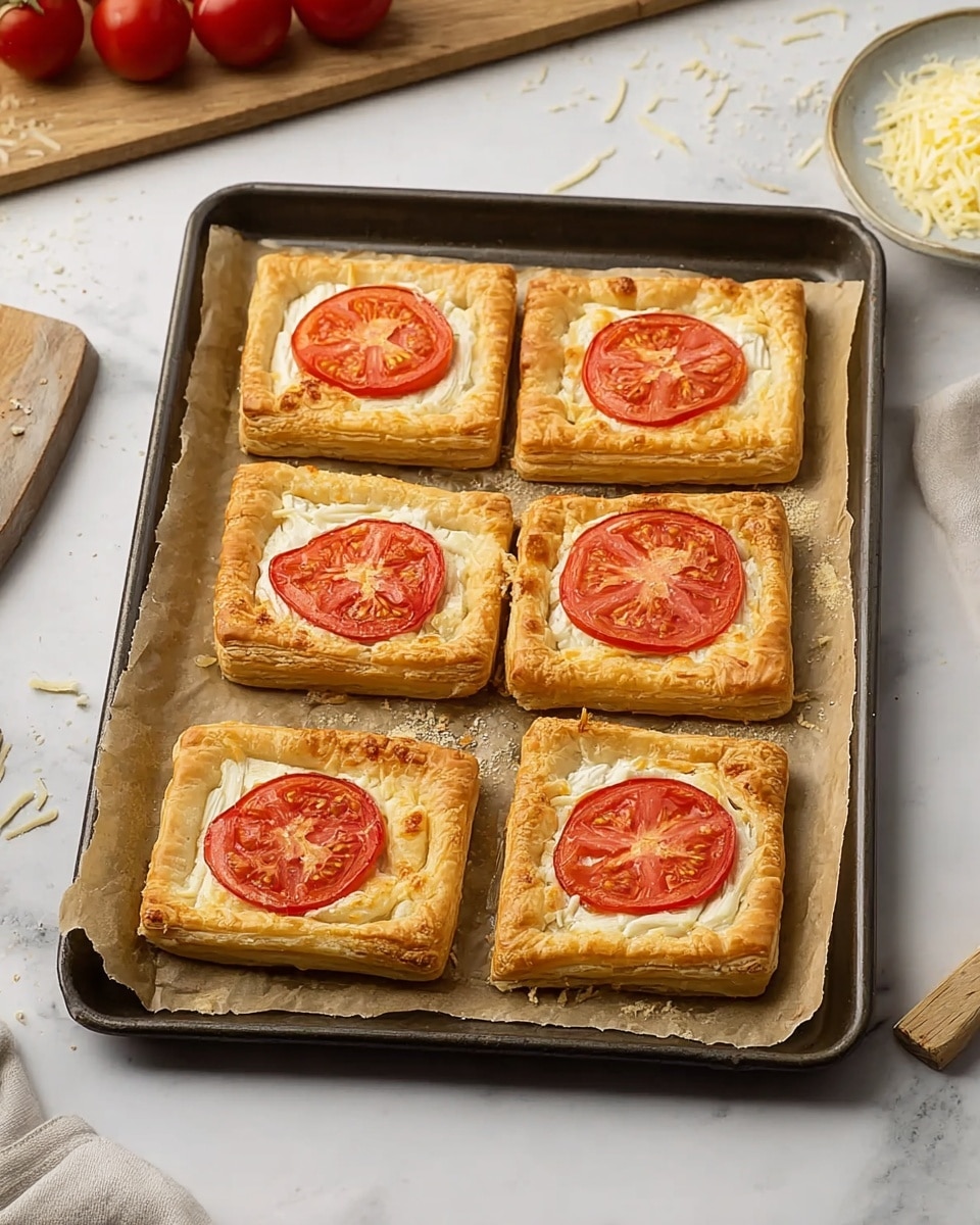 The image shows six rectangular pastries on a baking tray lined with brown paper. Each pastry has a golden-brown puff pastry base with slightly raised edges, creating a border. Inside this border is a creamy white layer, topped with two or three bright red tomato slices arranged neatly in the center of each pastry. The tray is placed on a white marbled surface with scattered items around, including a white plate with shredded cheese on a wooden board in the background and some red tomatoes. The overall look is warm and fresh. photo taken with an iphone --ar 4:5 --v 7
