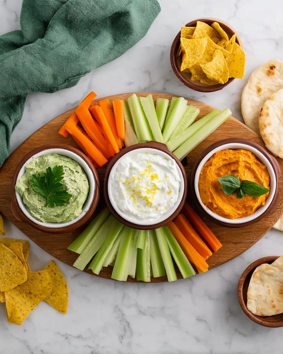The image shows a wooden serving board placed on a white marbled surface, holding three small white bowls filled with dips. The left bowl contains a green dip with a parsley leaf on top; the middle bowl has a white creamy dip with lemon zest sprinkled on it; the right bowl holds an orange dip with a small basil leaf as garnish. Around the bowls, there are fresh vegetable sticks arranged neatly in rows: green cucumber, orange carrots, and pale celery. To the right of the board, two small brown bowls sit on the white marbled surface, one filled with round pita bread and the other with triangular yellow chips. A green cloth is draped on the upper left side of the image. photo taken with an iphone --ar 4:5 --v 7