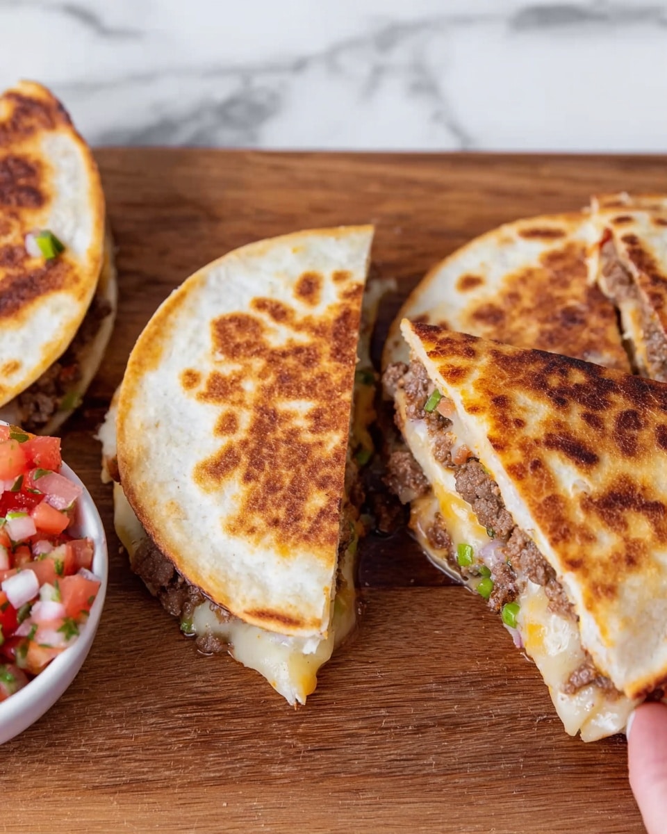 The image shows a white round quesadilla cut into three sections, each with a crisp, golden-brown toasted surface marked by uneven dark brown spots. Inside the quesadilla, the layers include melted pale yellow cheese, bits of light brown ground meat, and small pieces of green vegetables, all packed tightly together. The quesadilla rests on a wooden board next to a small white bowl filled with a chunky salsa made of bright red diced tomatoes, white onions, and bits of green herbs. A woman's hand is holding one piece of the quesadilla on the right side. The background is a white marbled texture. photo taken with an iphone --ar 4:5 --v 7