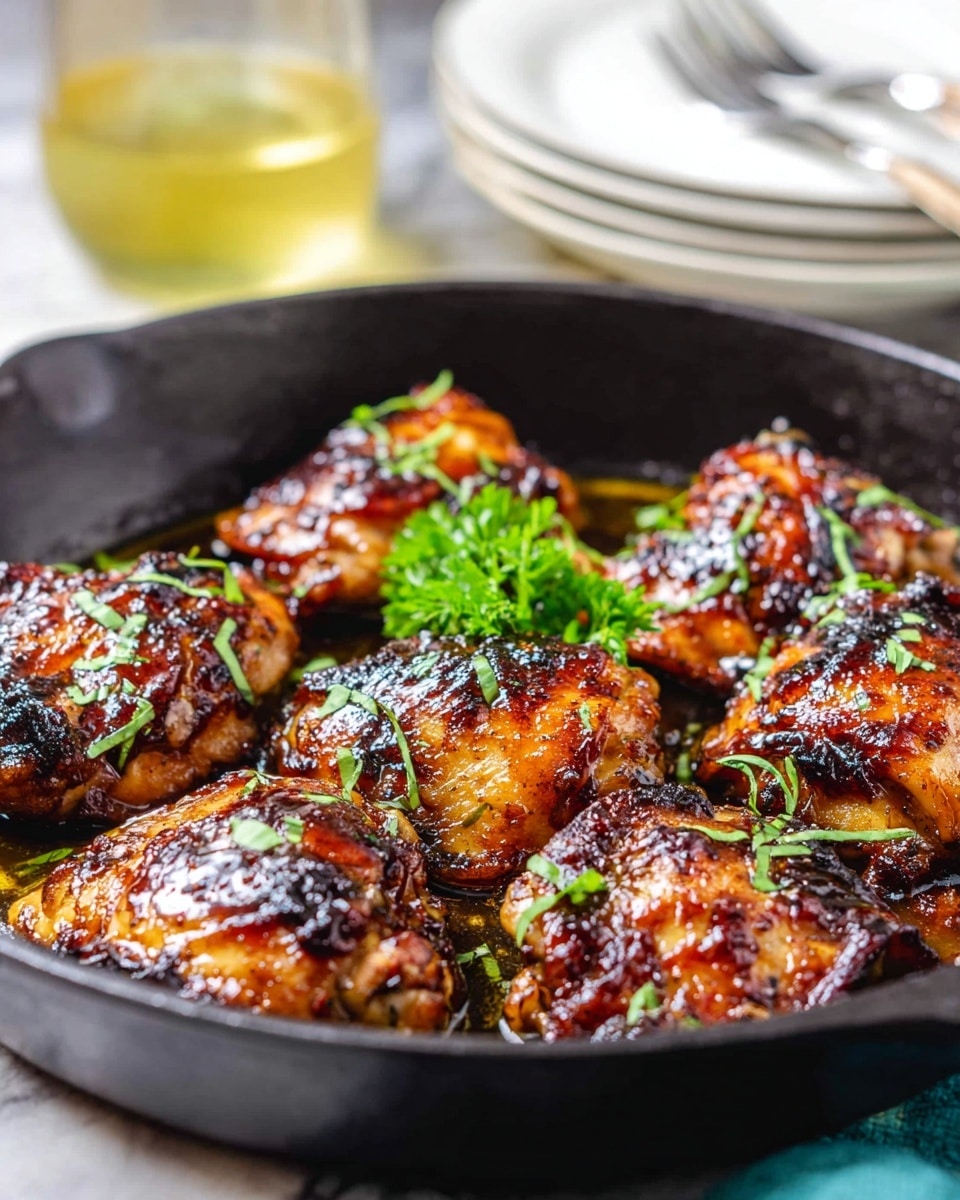 A black pan holds several pieces of cooked chicken thighs with a shiny, dark brown glaze and some charred spots. The chicken is garnished with small green herb leaves scattered across the surface and a few whole parsley sprigs in the middle. The pan is filled with a small amount of oil that reflects light, and the background shows a white marbled texture with stacked white plates and a blurred glass of yellow drink in soft light. photo taken with an iphone --ar 4:5 --v 7