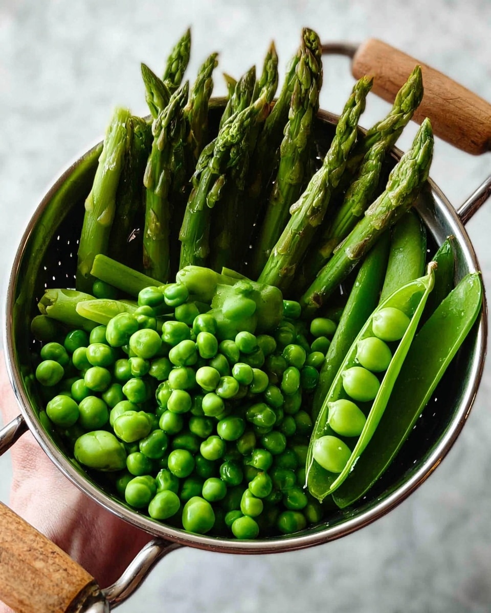 This image shows a small metal sieve held by a woman's hand, filled with fresh green vegetables. The sieve contains thick, bright green asparagus spears standing upright around the edges with pointed tips reaching up. Inside and on top of the asparagus, there are many round, shiny green peas, both loose and inside some open pea pods with smooth shiny skin. The background is a white marbled surface, and the sieve has wooden handles attached to shiny metal fixtures, reflecting light softly. The overall feel is fresh and vibrant with various textures of green vegetables. photo taken with an iphone --ar 4:5 --v 7