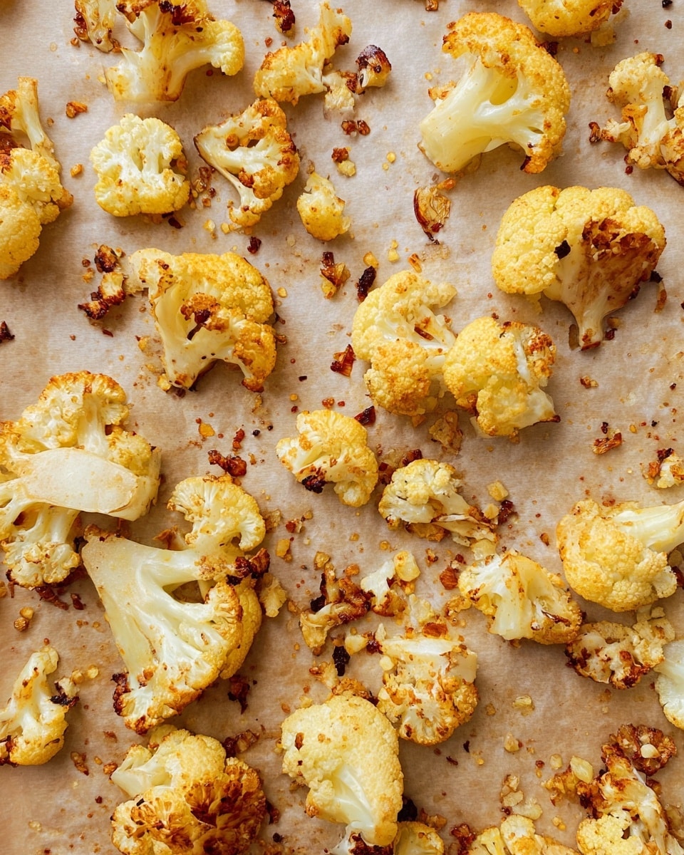 The image shows many pieces of roasted cauliflower spread out in a single layer on a light brown parchment paper. The cauliflower pieces vary in size, with some larger florets showing a mix of golden brown and creamy white colors where they are roasted and slightly charred. Small bits of cauliflower are scattered around, adding texture and contrast with deeper brown spots where they are crisp. The overall look is a mix of soft and crunchy textures with warm tones of yellow, light brown, and white. The parchment paper has some oil spots and browning marks from the roasting process. The photo was taken from above on a white marbled surface. photo taken with an iphone --ar 4:5 --v 7