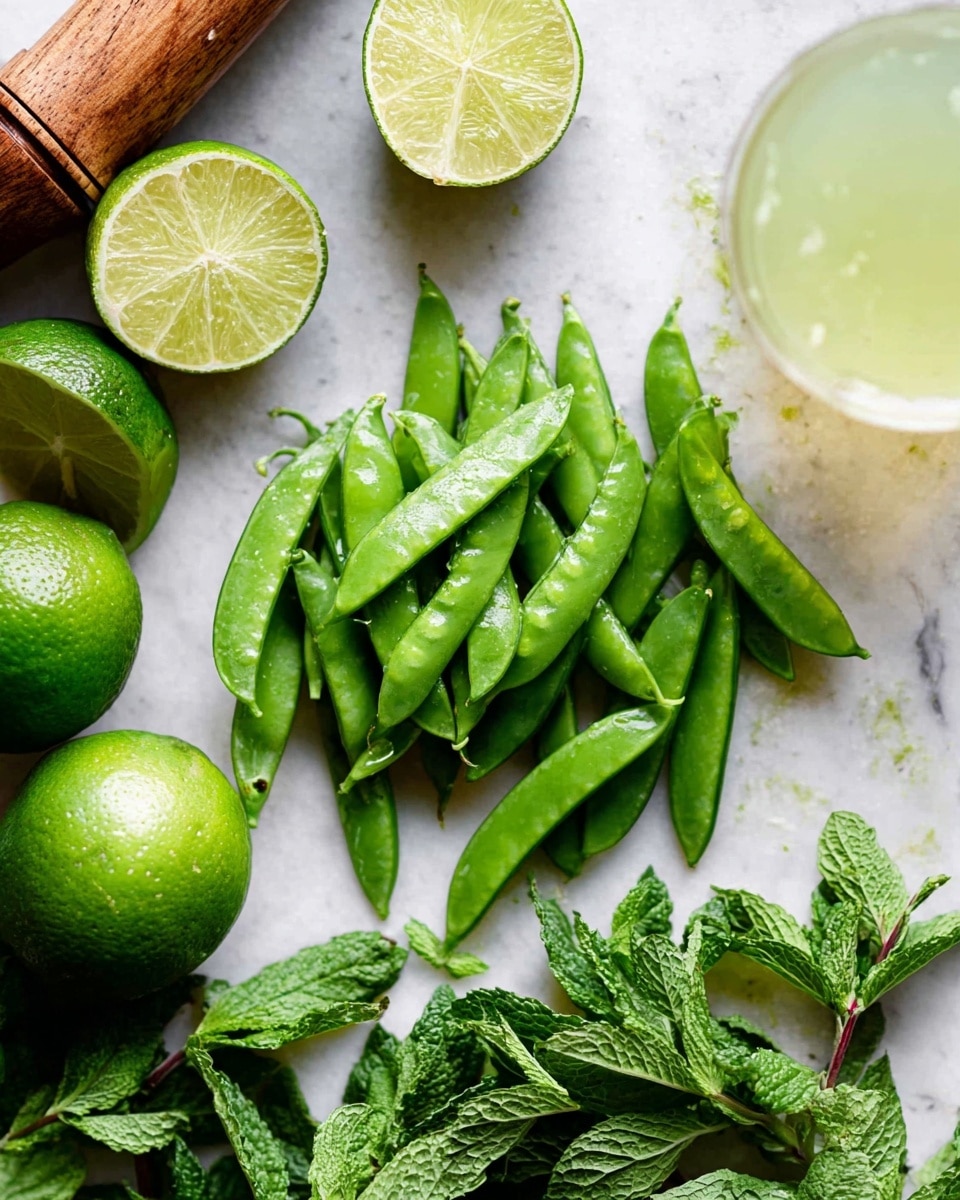 The image shows a white marbled surface with a pile of fresh bright green sugar snap peas in the center. To the bottom right, there is a bunch of fresh green mint leaves with a textured and leafy appearance. At the top left, there are three lime halves with a rough green skin, and one wooden citrus reamer with bits of lime pulp on it. In the top right corner, there is a clear glass filled with a pale green liquid, slightly blurred by some green out-of-focus leaves. The overall feel is fresh and vibrant with different shades of green arranged naturally. photo taken with an iphone --ar 4:5 --v 7