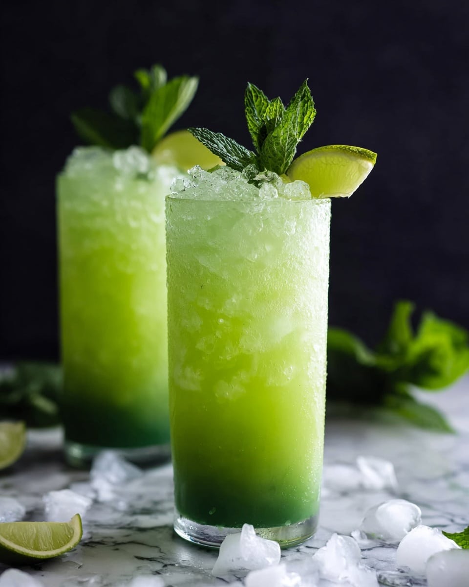 The image shows two tall clear glasses filled with a layered green drink. The bottom layer is a darker green and appears thicker, while the top layer is a lighter green with crushed ice filling most of the space. Each glass is decorated with fresh green mint leaves and a slice of lime on the rim. The glasses sit on a white marbled surface with scattered ice cubes around them, and the background is dark, making the green colors stand out sharply. Photo taken with an iphone --ar 4:5 --v 7