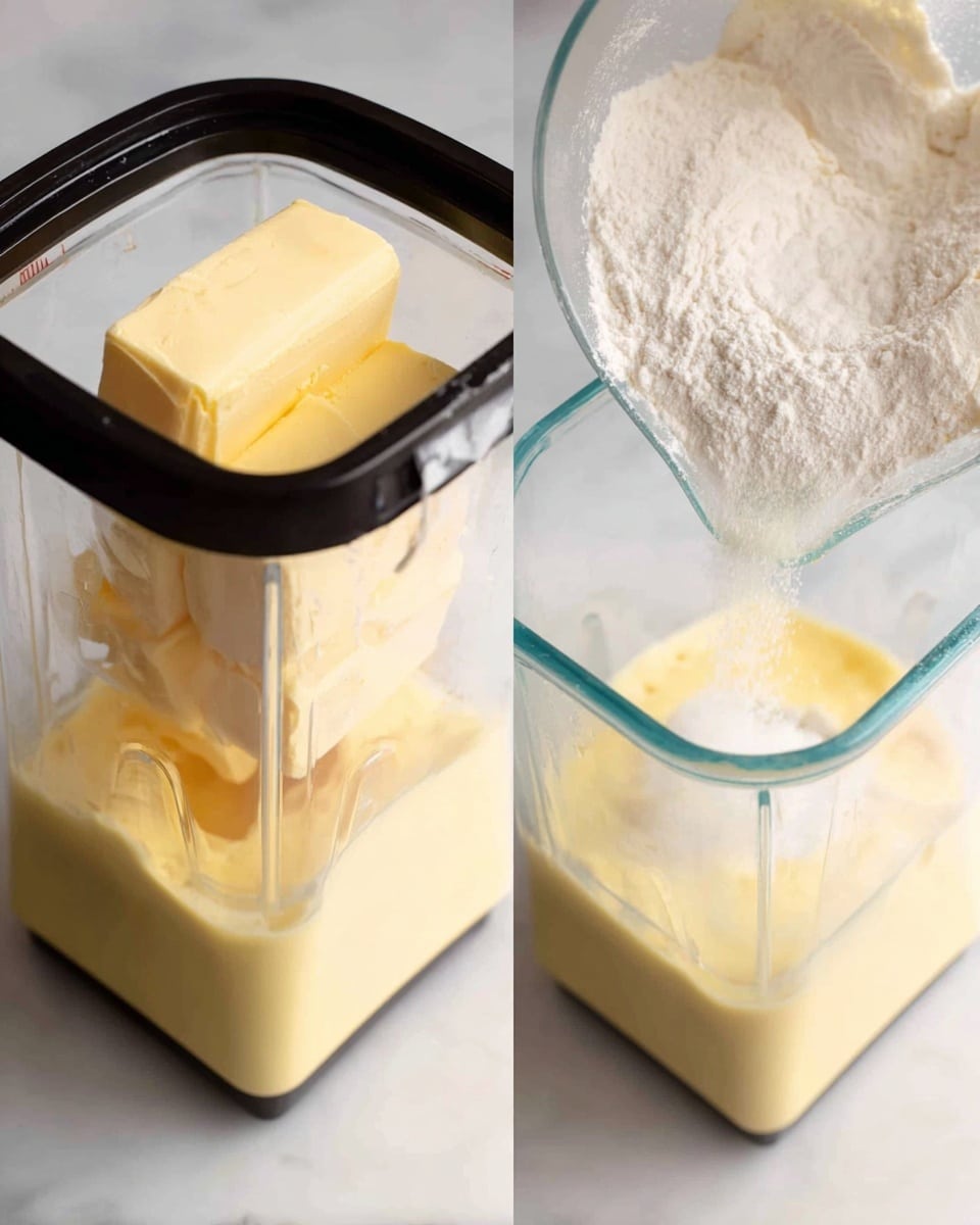 The first part of the image shows a clear blender jar with a black lid filled with three large pale yellow sticks of butter and a smooth, creamy, light yellow mixture underneath. The second part shows the same blender jar, now without the black lid, filled about three-quarters with a foamy, light yellow liquid, while a clear glass measuring cup pours fine white flour into the jar. The background and surface are white marbled texture. photo taken with an iphone --ar 4:5 --v 7