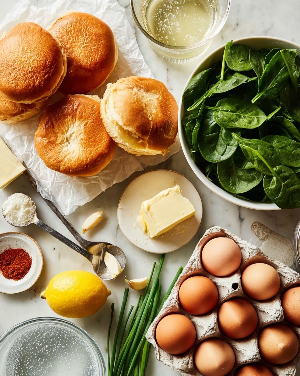 The image shows a white marbled surface with various cooking ingredients arranged on it. At the center, there are four lightly toasted sandwich buns, split open with the top and bottom halves visible in golden brown and soft white colors. To the right, a white bowl is full of fresh, green spinach leaves. On the lower right side, an open carton of eight brown eggs rests on the surface. Below the buns, there is a bright yellow lemon and several green chives lying beside a set of metal measuring spoons. Also visible are a glass bowl of water with bubbles, a stick of pale yellow butter, a small glass bowl with a red spice, and a small bit of yellow mustard on a white coaster. A white onion ring and garlic cloves appear near the top. The scene is bright and neatly organized. photo taken with an iphone --ar 4:5 --v 7