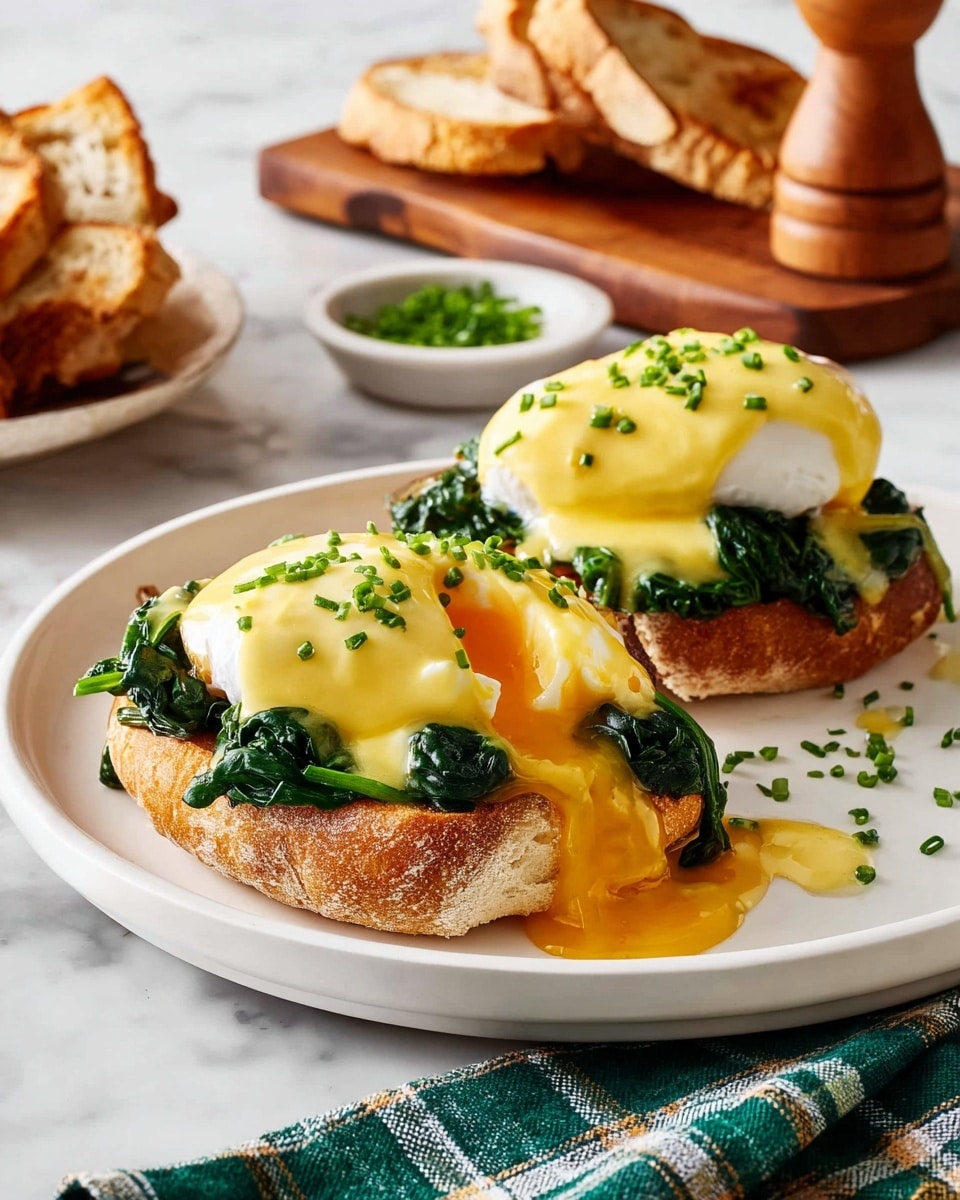 A white plate holds two servings of Eggs Benedict. Each serving has a toasted English muffin at the base, golden brown with a crispy texture. On top of each muffin is a layer of sautéed dark green spinach with a slightly wilted look. A poached egg with soft white edges rests on the spinach, one egg with a rich orange yolk flowing down the side. Both servings are covered with a smooth, thick, bright yellow hollandaise sauce sprinkled with chopped fresh green chives. The plate sits on a white marbled surface, with a green and white plaid cloth partially visible in the foreground. In the background, toasted slices of bread, a small white bowl with chopped chives, and a wooden pepper grinder rest on a wooden board. Photo taken with an iphone --ar 4:5 --v 7