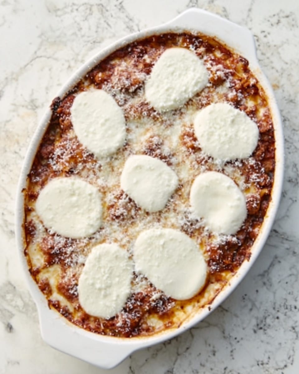A white oval dish filled with a baked lasagna that has a browned cheese layer on top. There are seven uneven white cheese slices spread across the surface, partially melted but still holding their shape. The lasagna sauce beneath is visible between the cheese edges, showing a rich red color mixed with bits of cooked meat. The dish is placed on a white marbled surface. Photo taken with an iphone --ar 4:5 --v 7
