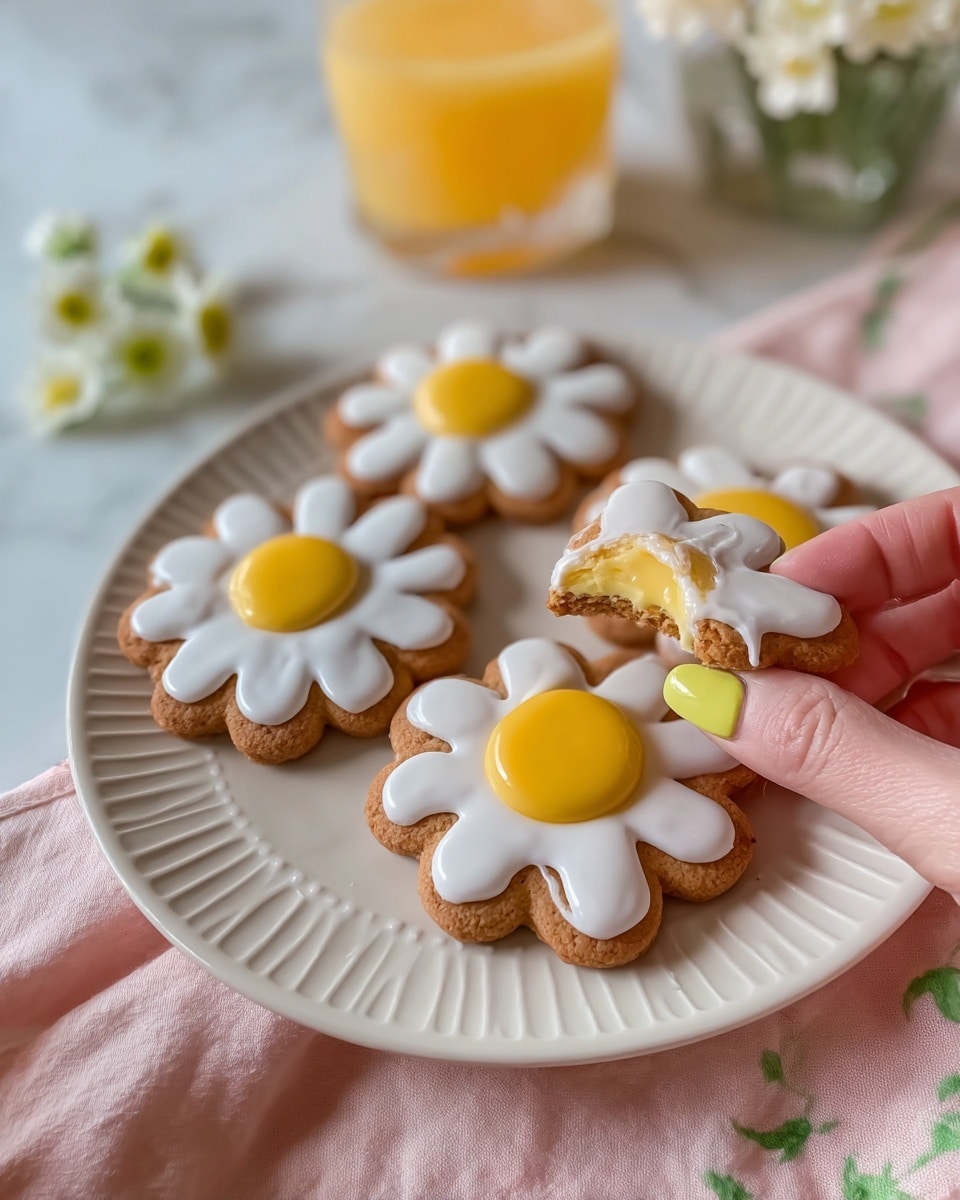 A white plate holds four round cookies decorated like daisies, each with a light brown base layer, white petal-shaped icing on top, and a smooth, yellow round center. One cookie is held by a woman's hand in the foreground, showing a bite that reveals a soft, yellow filling under the icing and above the cookie base. The background includes a white marbled surface with a yellow floral cloth and a glass vase with white and yellow flowers. Photo taken with an iphone --ar 4:5 --v 7