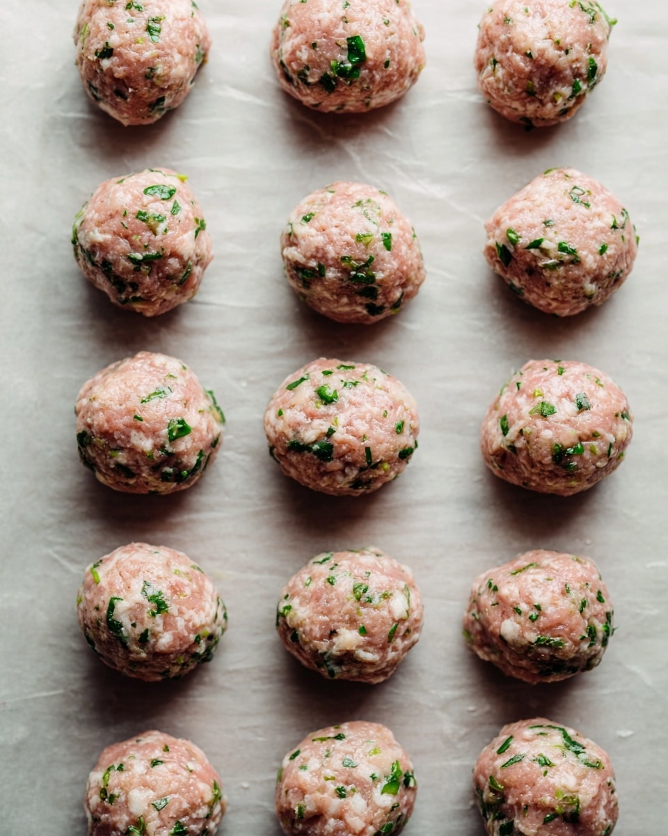 The image shows fifteen raw meatballs arranged in a grid pattern on white baking paper placed over a white marbled surface. Each meatball is round and light pink in color, mixed with visible green herbs spread throughout the mixture. The texture looks slightly rough with small chunks, and the meatballs are evenly spaced with three rows of five meatballs each. The lighting is soft and natural, highlighting the freshness of the meat mixture. photo taken with an iphone --ar 4:5 --v 7