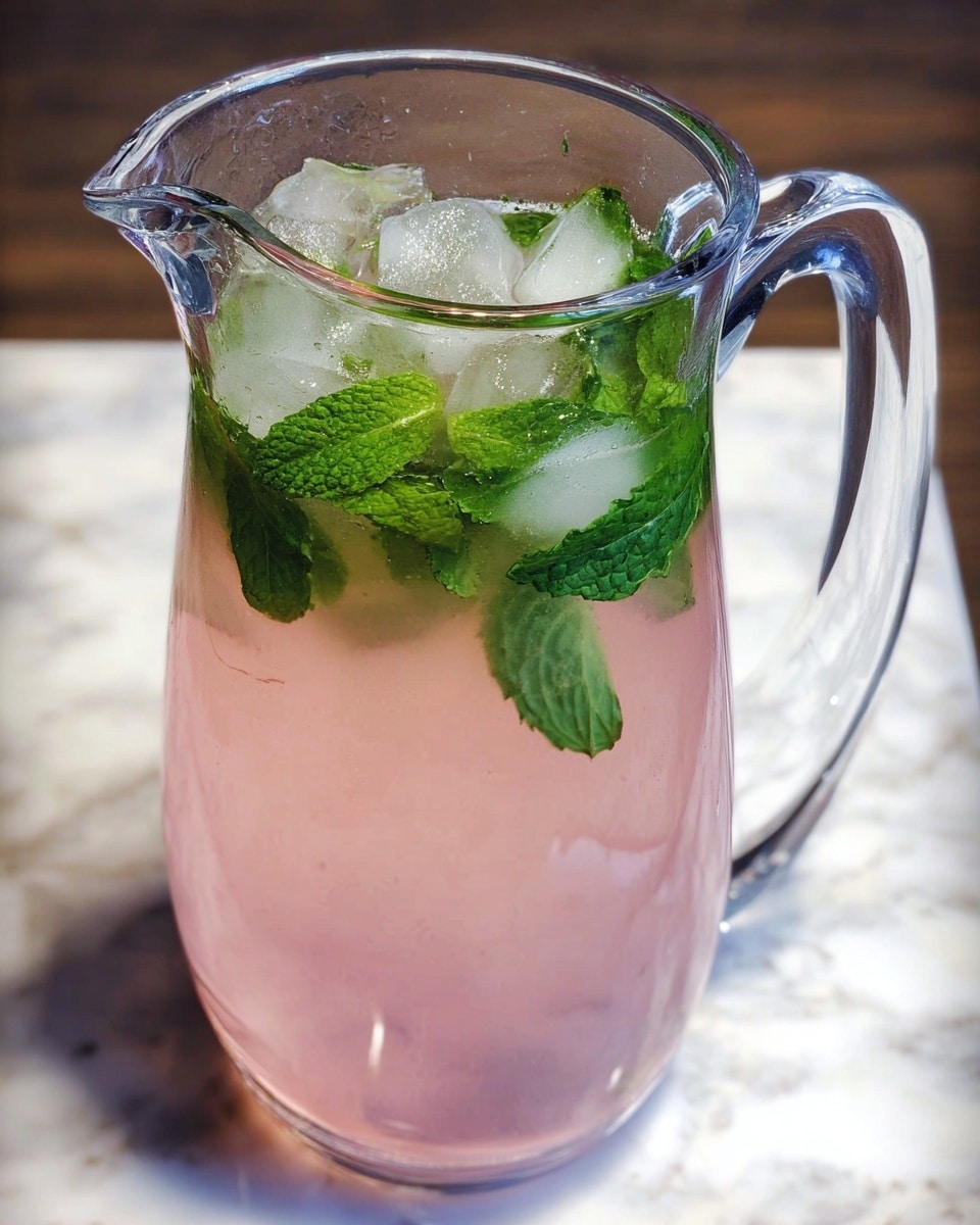 A clear glass pitcher filled with a light pink drink that takes up about three-quarters of the pitcher. The top quarter is filled with several ice cubes and bright green mint leaves floating on the surface. The pitcher has a sturdy clear handle on the right side, and the background is a white marbled surface. photo taken with an iphone --ar 4:5 --v 7