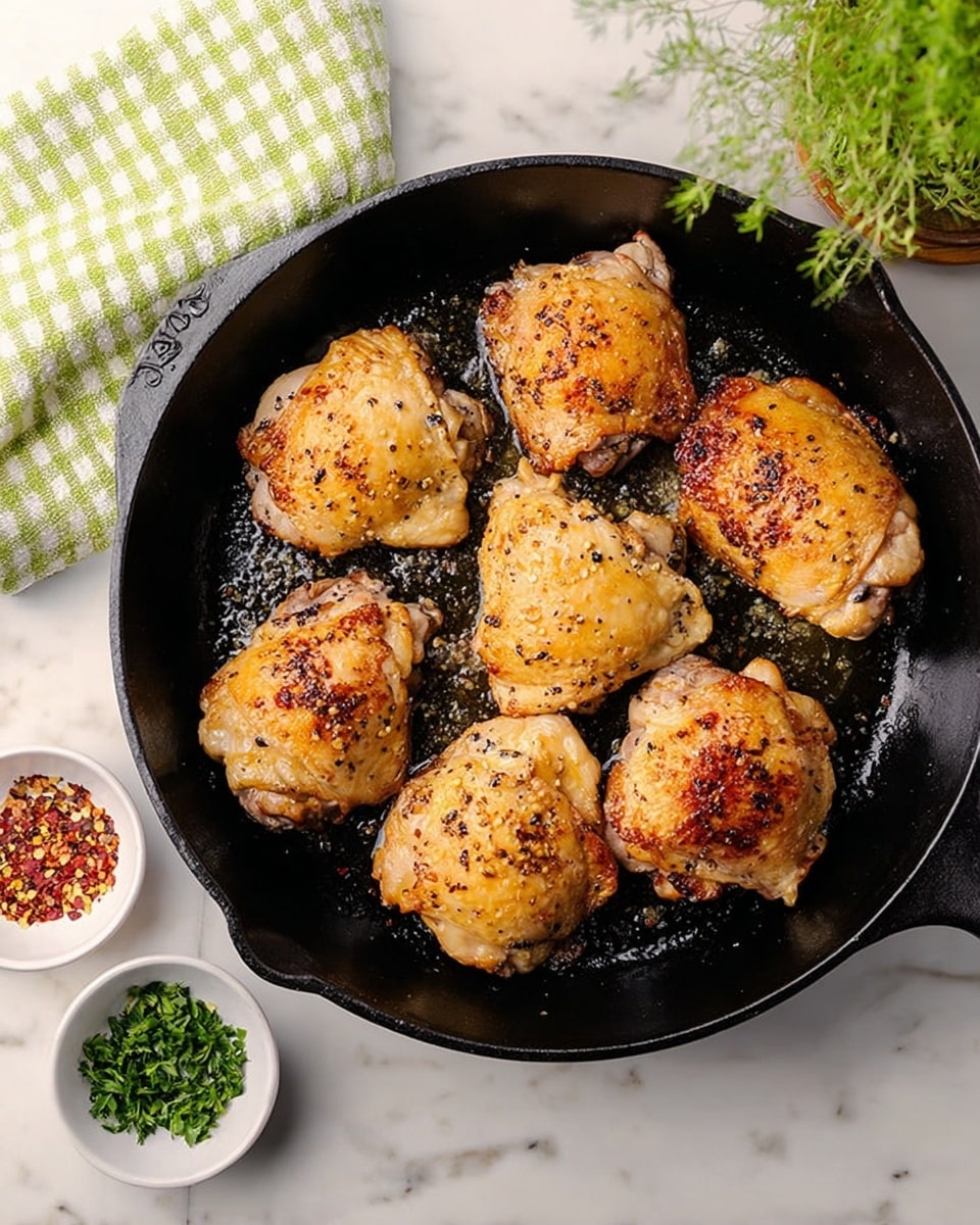 This image shows seven pieces of golden brown cooked chicken thighs arranged in a black cast iron pan. The chicken has a slightly crispy skin with some browned spots and is sprinkled with black pepper. The pan sits on a white marbled countertop. To the left of the pan is a green and white checkered cloth napkin and a small green plant with thin leaves. On the right side of the pan, there are two small white bowls, one holding chopped fresh green herbs and the other containing red pepper flakes. The lighting is natural and bright. photo taken with an iphone --ar 4:5 --v 7