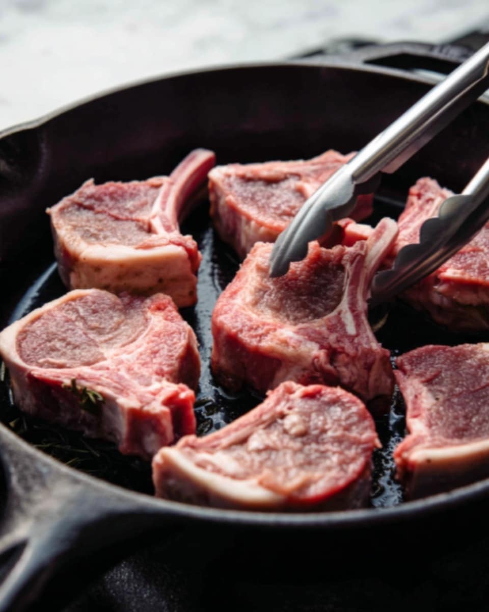 The image shows six raw lamb chops in a black cast iron pan. The lamb chops are pink with some white fat around the edges, and some pieces have a bone sticking out. A woman's hand holding metal tongs is in the upper part of the photo, picking up one of the lamb chops. The background is a white marbled surface. Photo taken with an iphone --ar 4:5 --v 7