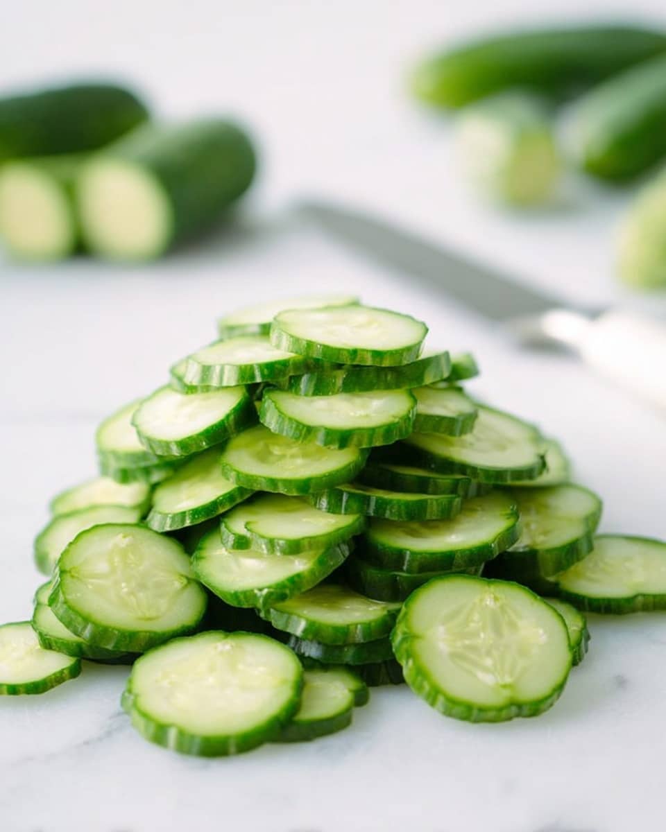 The image shows a pile of small, round cucumber slices arranged in the center of a white marbled surface. Each cucumber slice has a scalloped edge, revealing the light green interior with a soft texture and the darker green outer skin. In the background, there are whole small cucumbers and a knife with a white handle lying flat on the surface, slightly out of focus. The bright, clean setting highlights the fresh and crisp appearance of the cucumber slices, which are evenly cut and layered in a loose mound. Photo taken with an iphone --ar 4:5 --v 7
