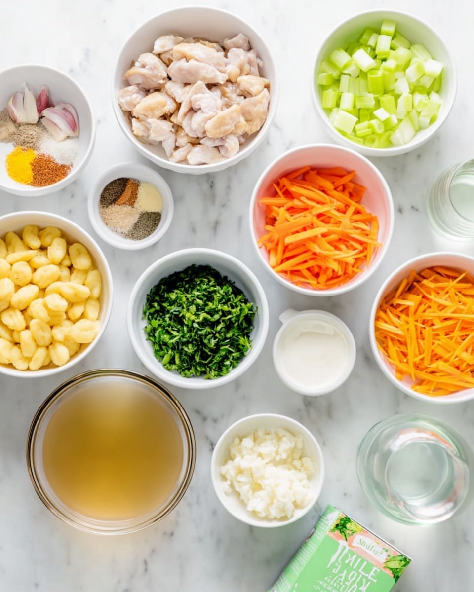 The image shows many small white bowls arranged neatly on a white marbled surface, each containing different food ingredients. There is a bowl with light brown cooked pieces of chicken, another bowl filled with yellow gnocchi, and a bowl with thin orange carrot strips. Next to these are finely chopped green celery pieces, medium green leafy herbs, small minced white onions, and a little pile of mashed garlic in a tiny white bowl. There are also three spices in a bowl with shades of light brown and green. A clear glass bowl holds a light golden broth. Finally, a green and white box of half and half cream and a small glass cup with light clear liquid complete the setup. The scene is bright and clean, arranged for cooking preparation, photo taken with an iphone --ar 4:5 --v 7