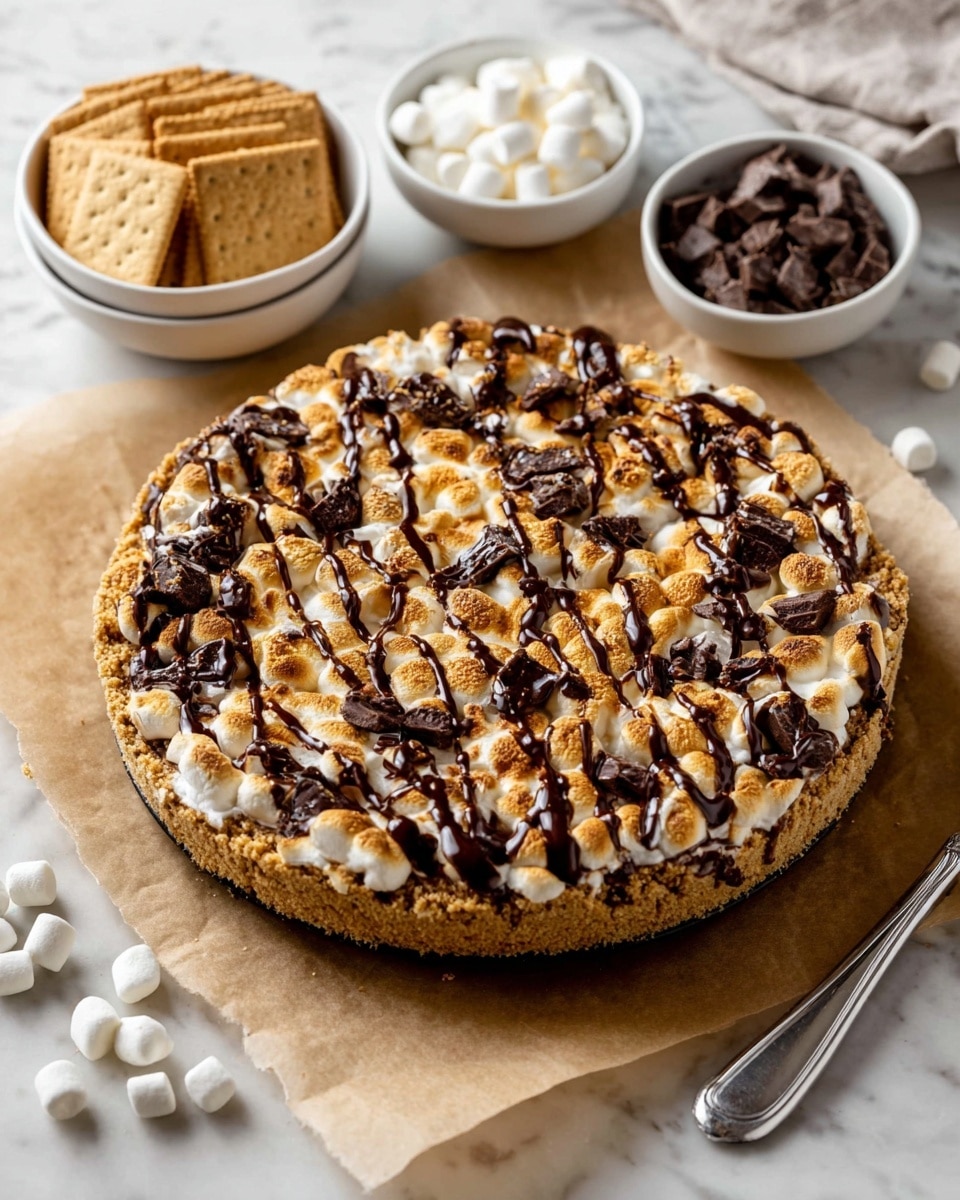 The image shows a round s'mores dessert with three visible layers: a light brown crumbly crust forming the base, a middle layer of melty toasted marshmallows with golden spots, and scattered dark brown chocolate chunks on top. The entire dessert has thin dark chocolate drizzle lines across the surface. The pie rests on a piece of brown parchment paper on a white marbled surface. Around it, there are three white bowls: one with square light brown graham crackers, one with dark chocolate pieces, and one with small white marshmallows. A silver pie server is placed to the right of the dessert. photo taken with an iphone --ar 4:5 --v 7