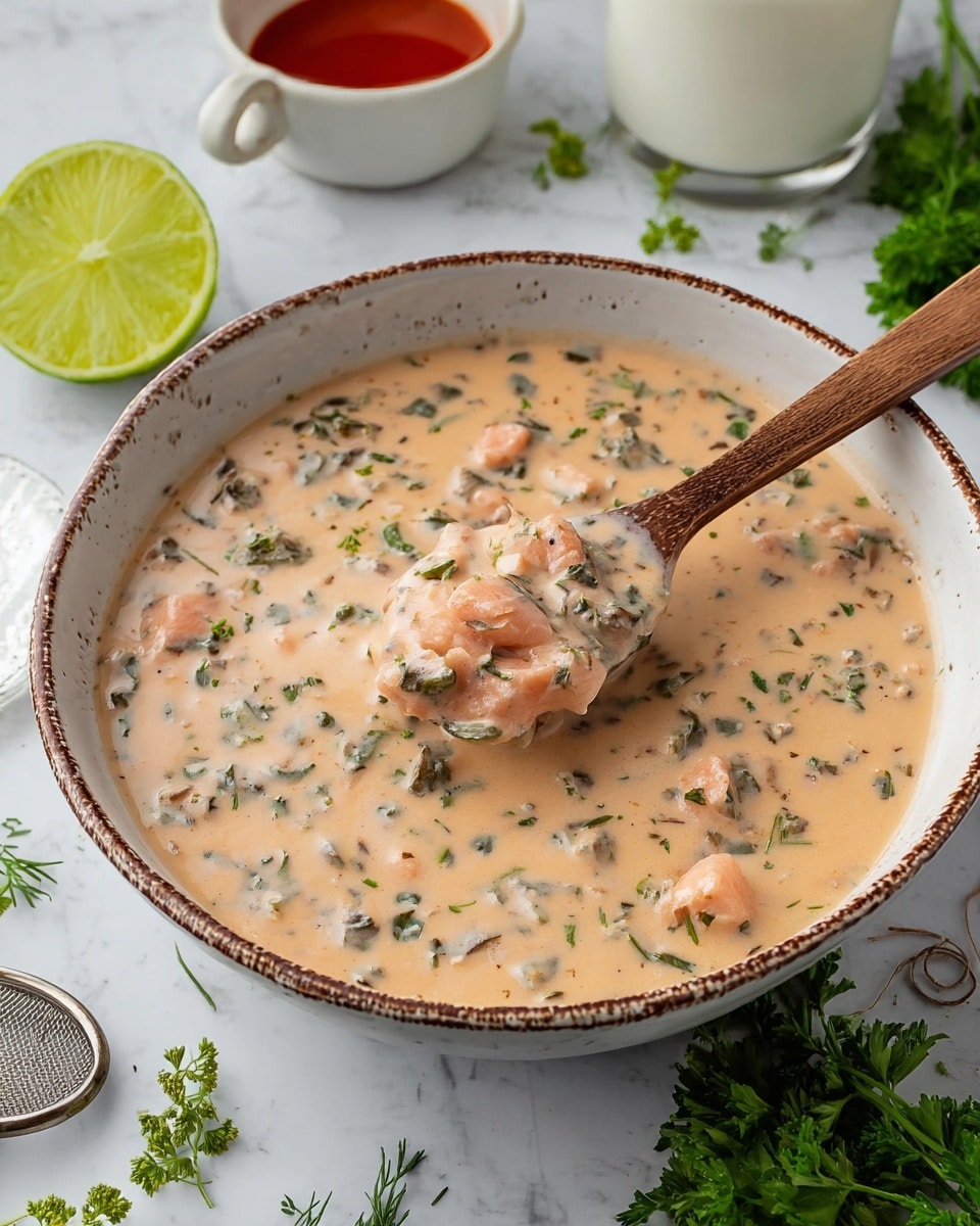 A white plate filled with a mound of creamy pasta noodles mixed with small pieces of pink ham scattered throughout, all covered in a smooth pale sauce. Bright green parsley leaves are sprinkled evenly on top and around the pasta, adding fresh color contrast. A silver fork is partly inserted into the noodles on the left side. The plate sits on a beige textured cloth with a bright coral-red fabric on the lower right corner and some green parsley sprigs at the top left. Photo taken with an iphone --ar 4:5 --v 7