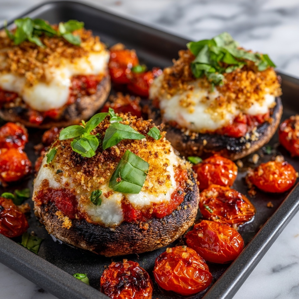 A dark baking tray holds five large portobello mushrooms filled with layers of red tomato sauce, topped with a creamy light beige layer of melted cheese, and finished with a crunchy, golden-brown crumb topping sprinkled with white grated cheese. The mushrooms sit on a bed of roasted, bright red cherry tomatoes scattered across the tray, accented with fresh deep green basil leaves. A woman's two hands with red nail polish hold the tray from opposite corners. The tray is placed on a wooden textured surface with small bowls containing seasoning and herbs nearby, and a white cloth partially seen on the upper right corner. Photo taken with an iphone --ar 4:5 --v 7