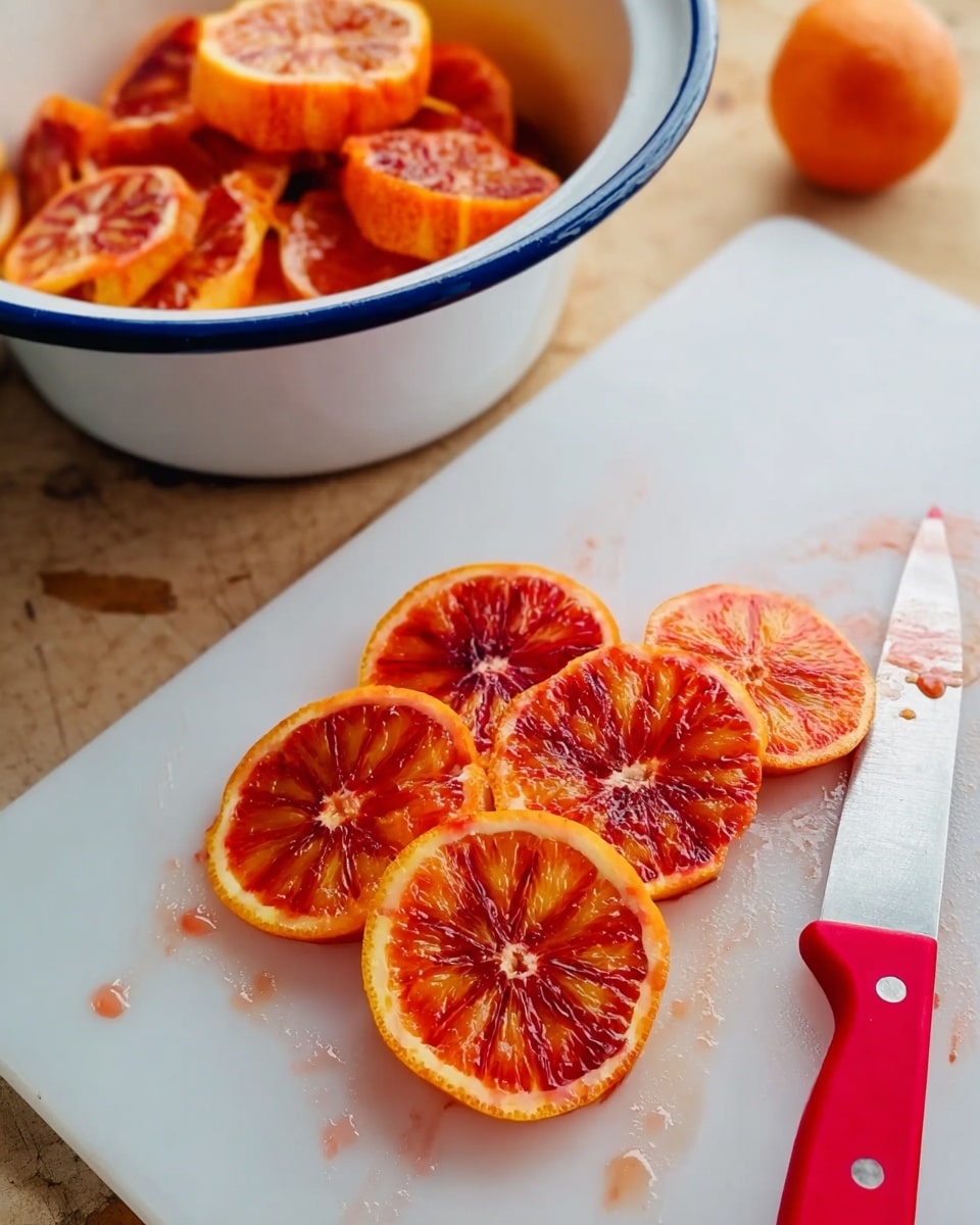 The image shows a white cutting board with several bright orange slices of blood orange arranged in a loose cluster near the center, displaying a vibrant mix of deep orange and red colors with juicy texture and glistening juice drops around them. To the right side of the board, a knife with a red handle lies flat, its blade partly visible. Behind the cutting board, there is a white metal bowl with a blue rim filled with more orange slices, positioned on a white marbled surface. The scene is well-lit, highlighting the freshness and vivid colors of the orange slices. Photo taken with an iphone --ar 4:5 --v 7