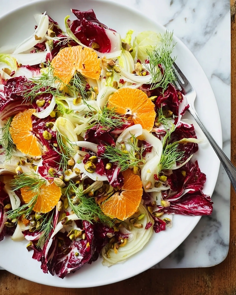A white plate filled with a colorful salad layered with deep red radicchio leaves on the bottom, topped with thin pale green fennel slices that have a slight crunch, scattered with small green pistachio pieces, and bright orange slices of citrus fruit placed evenly on top. Sprigs of fresh dark green dill are spread throughout the salad, adding a fresh touch. The plate sits on a white marbled surface with a partial view of a woman's hand and a fork at the edge, suggesting it’s ready to eat. photo taken with an iphone --ar 4:5 --v 7