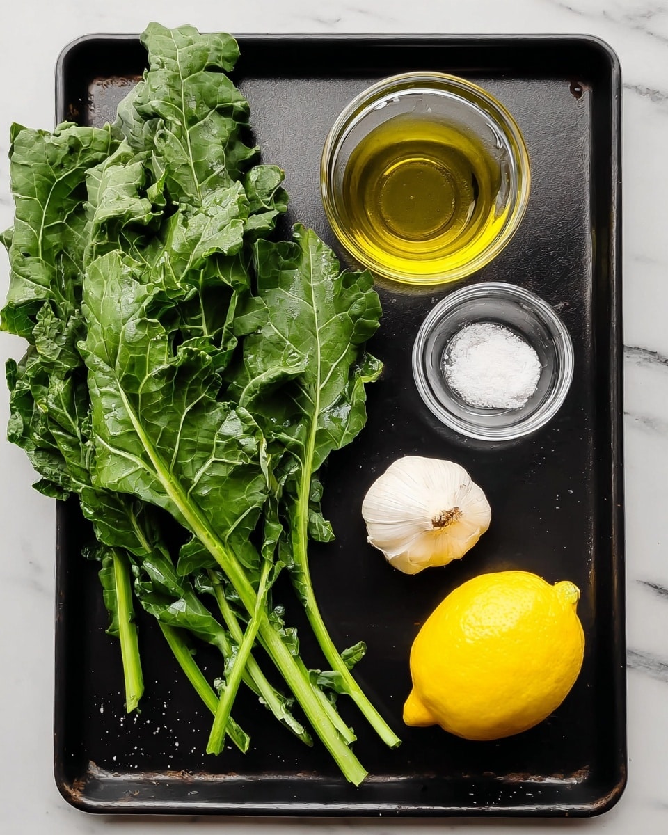 The image shows a black baking tray with fresh green leafy greens placed on the left side. In the center, there is a small clear glass bowl filled with golden olive oil. To the right of the olive oil, another small clear glass bowl holds white salt. Below these bowls, a whole white garlic bulb is positioned next to a bright yellow lemon. The tray is set on a white marbled surface. Photo taken with an iphone --ar 4:5 --v 7