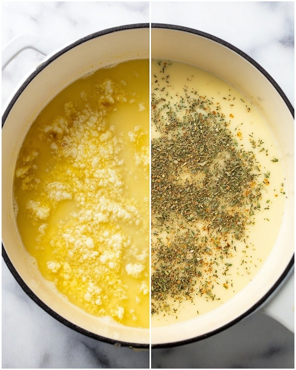 The image shows two close-up views of a cooking pot on a white marbled surface. On the left side, the pot contains a layer of melted butter with small bits of finely chopped garlic floating in it, creating a yellow and slightly creamy texture with small grainy pieces scattered throughout. On the right side, the pot holds a smooth, pale yellow sauce layer, topped with a sprinkling of dried green herbs and black pepper, which are unevenly spread across the surface, giving it a speckled look. The round pot has a white inside with a black rim. Photo taken with an iphone --ar 4:5 --v 7