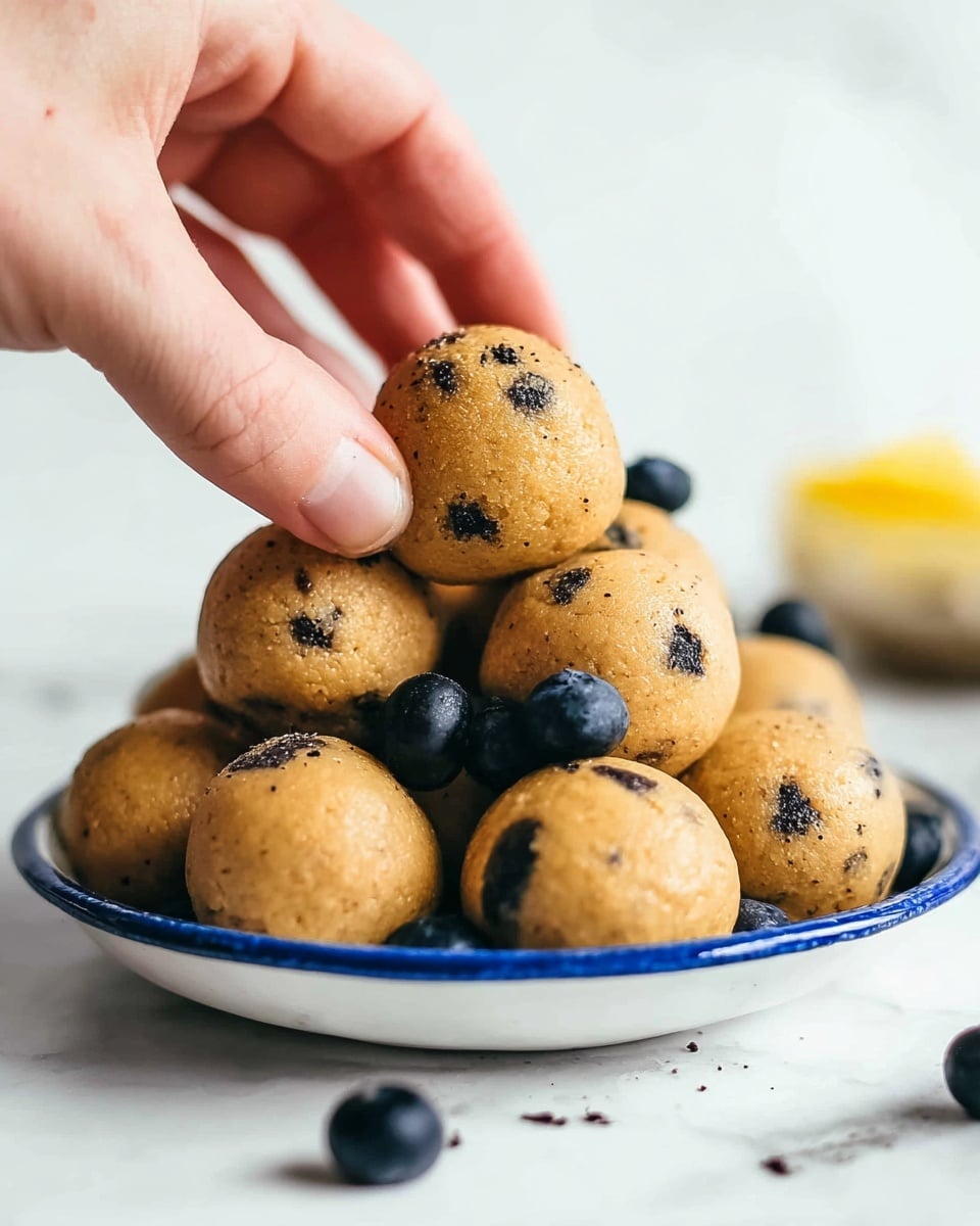 A white plate with a blue rim sits on a white marbled surface, filled with round golden-brown balls that have small black bits inside them. Scattered among the balls are shiny dark blue blueberries. A woman's hand is reaching down to pick up one of the balls from the top of the pile. The background is bright and softly blurred. photo taken with an iphone --ar 4:5 --v 7