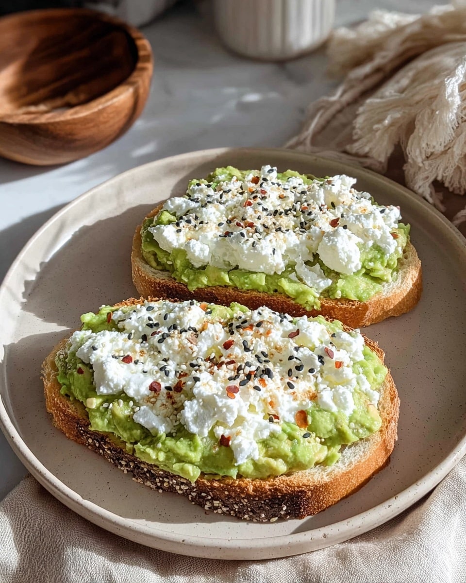 Two slices of toasted bread are placed side by side on a round white plate. Each slice has a bottom layer of mashed avocado, bright green and spread evenly. On top is a thick layer of white cottage cheese with a chunky texture. Black and white sesame seeds and a few red pepper flakes are sprinkled over the cottage cheese, adding small dark and red spots. A light drizzle of golden olive oil shines across both slices. The plate sits on a white marbled surface with a light beige cloth nearby. Photo taken with an iphone --ar 4:5 --v 7