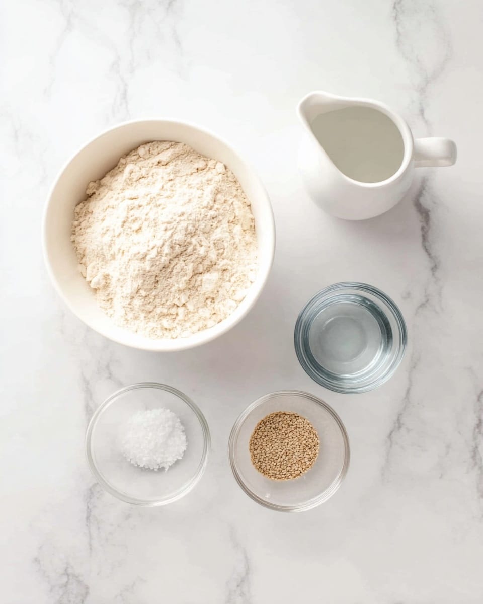 A white bowl filled with light beige flour sits at the top left on a white marbled texture. Next to it on the right is a small white pitcher with clear water. Below the bowl and pitcher are three small clear glass bowls arranged left to right; the first has white salt, the second is empty, and the third contains light brown seeds. The whole scene appears simple and clean. Photo taken with an iphone --ar 4:5 --v 7