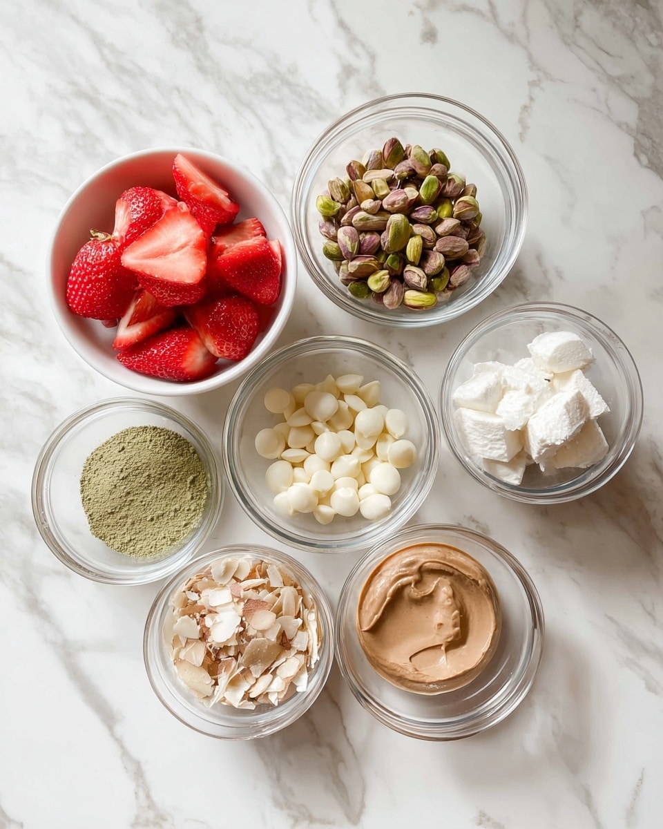 Seven small clear glass and white bowls are placed on a white marbled surface, each containing different ingredients. The top left white bowl holds halved fresh red strawberries showing their juicy inside. Next to it, a clear bowl is filled with light and dark green pistachio nuts. The central white bowl contains many small, round white pieces that look like white chocolate chips. To the right, a clear bowl has a few lumps of a white solid with a shiny surface. Below that, another clear bowl contains light brown thin almond flakes. At the bottom middle, a clear bowl holds a smooth, light brown creamy paste. The last clear bowl on the bottom left contains fine green powder. photo taken with an iphone --ar 4:5 --v 7