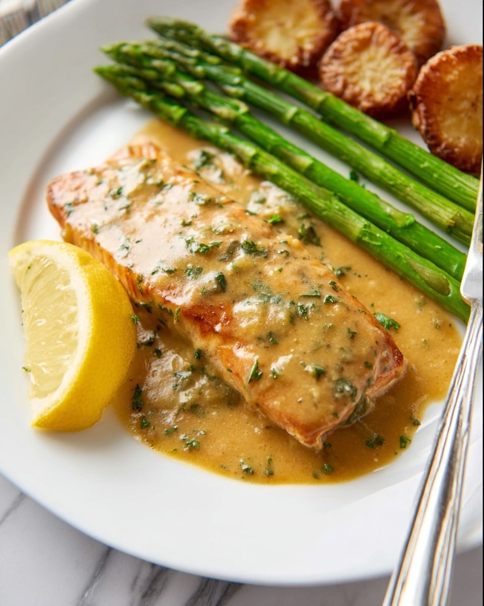 A white plate on a white marbled surface holds a meal with three main parts: at the bottom left is a small lemon wedge with bright yellow color, next to it several stalks of green asparagus lie diagonally across the plate, showing a smooth, slightly shiny texture. At the center is a single large piece of fish covered in a thick, light brown sauce speckled with green herbs, the sauce pools slightly around the fish. Near the top left corner, there are a few crispy brown fried potato rounds with a rough texture. A silver fork is placed on the right edge of the plate. Photo taken with an iphone --ar 4:5 --v 7